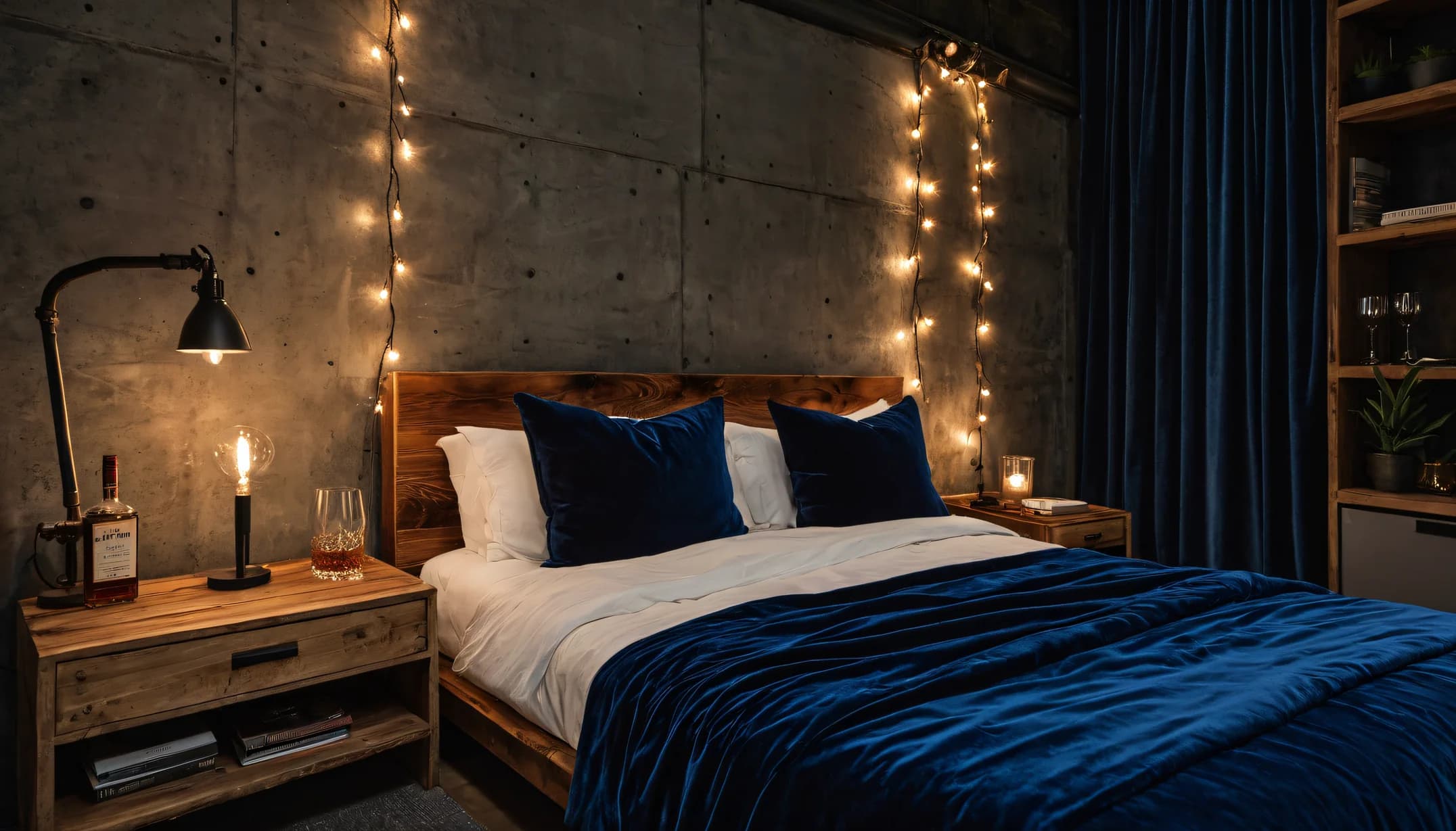 An Industrial Loft bedroom with concrete walls and string lights