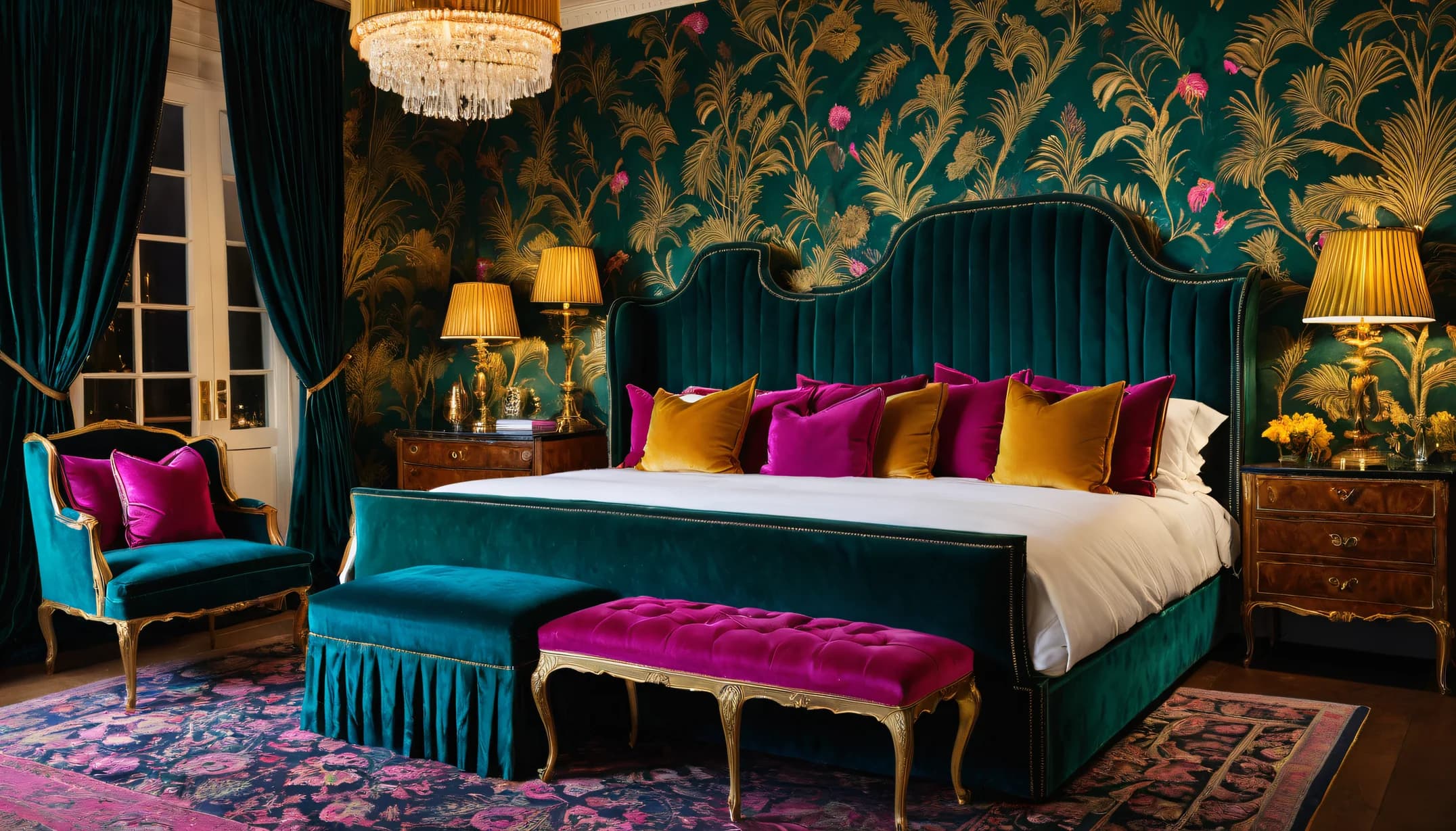 A Maximalist bedroom with gold botanicals and teal velvet
