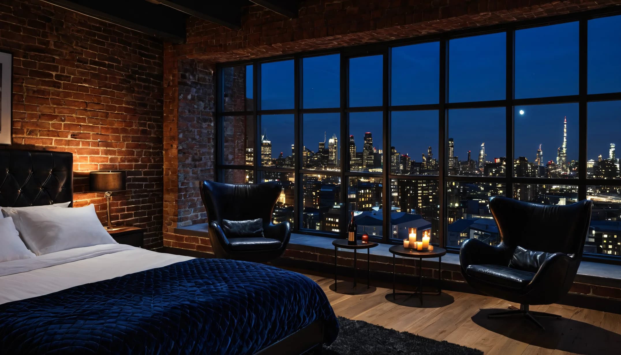 An Industrial Loft bedroom with skyline windows and leather chairs