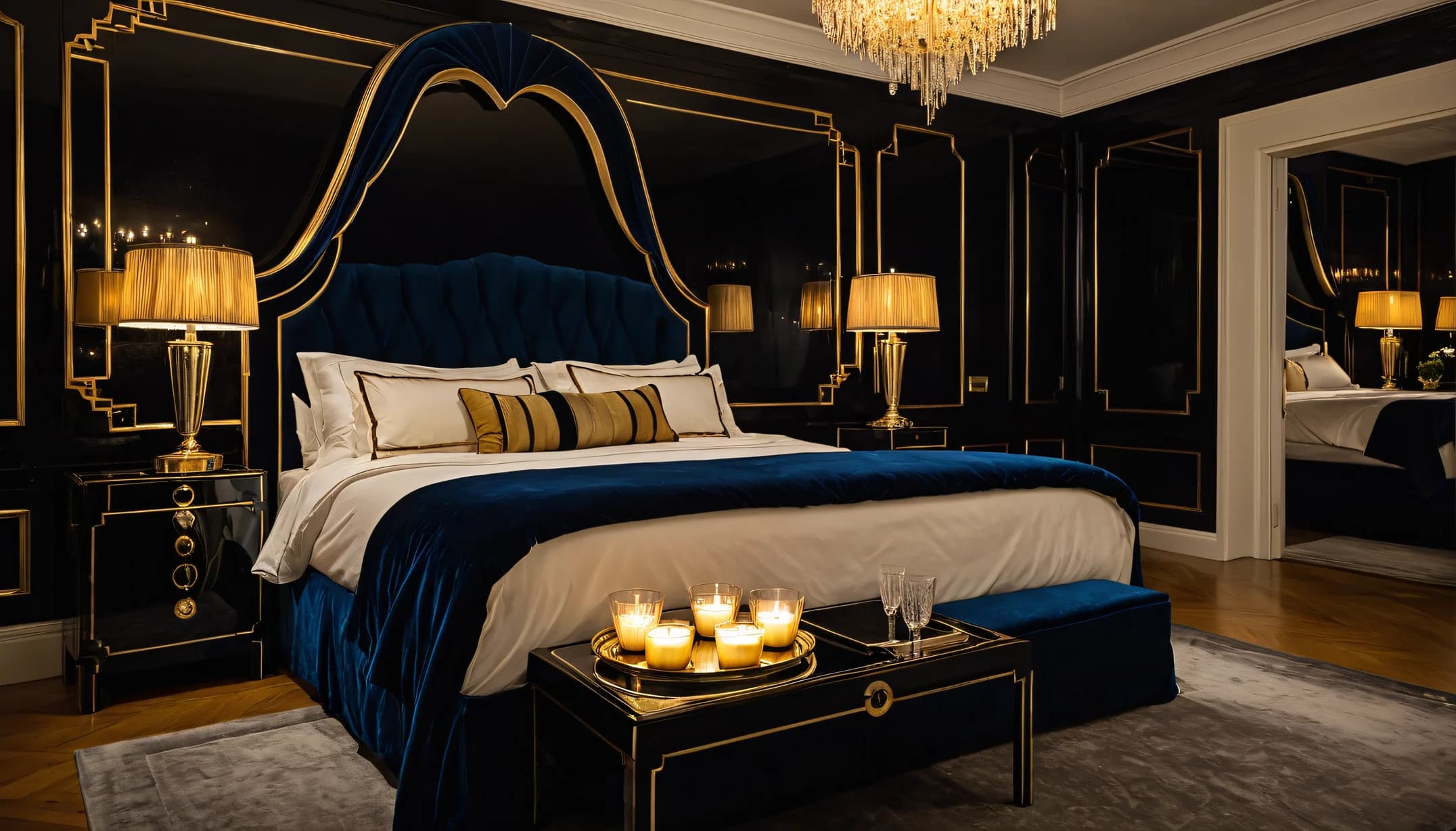 An Art Deco Glam bedroom with black lacquer and champagne tray