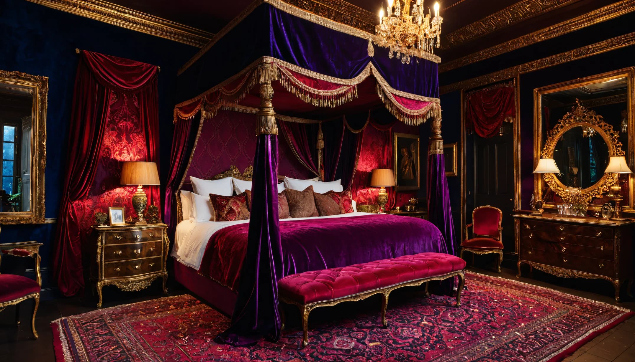 A Maximalist bedroom with violet canopy and crimson velvet
