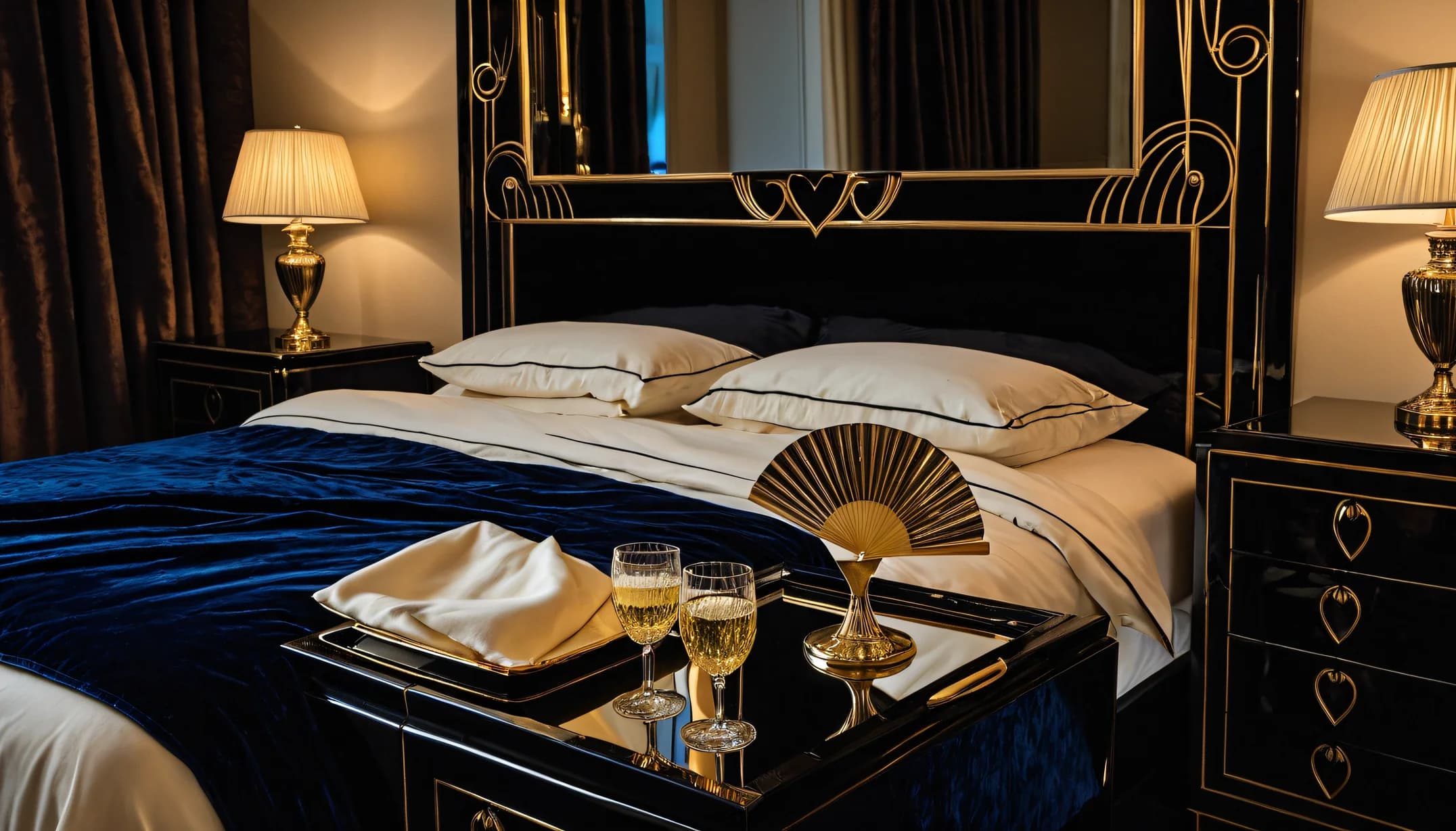 A Art Deco Glam bedroom from the Braise room library, gold fan motifs & two coupes