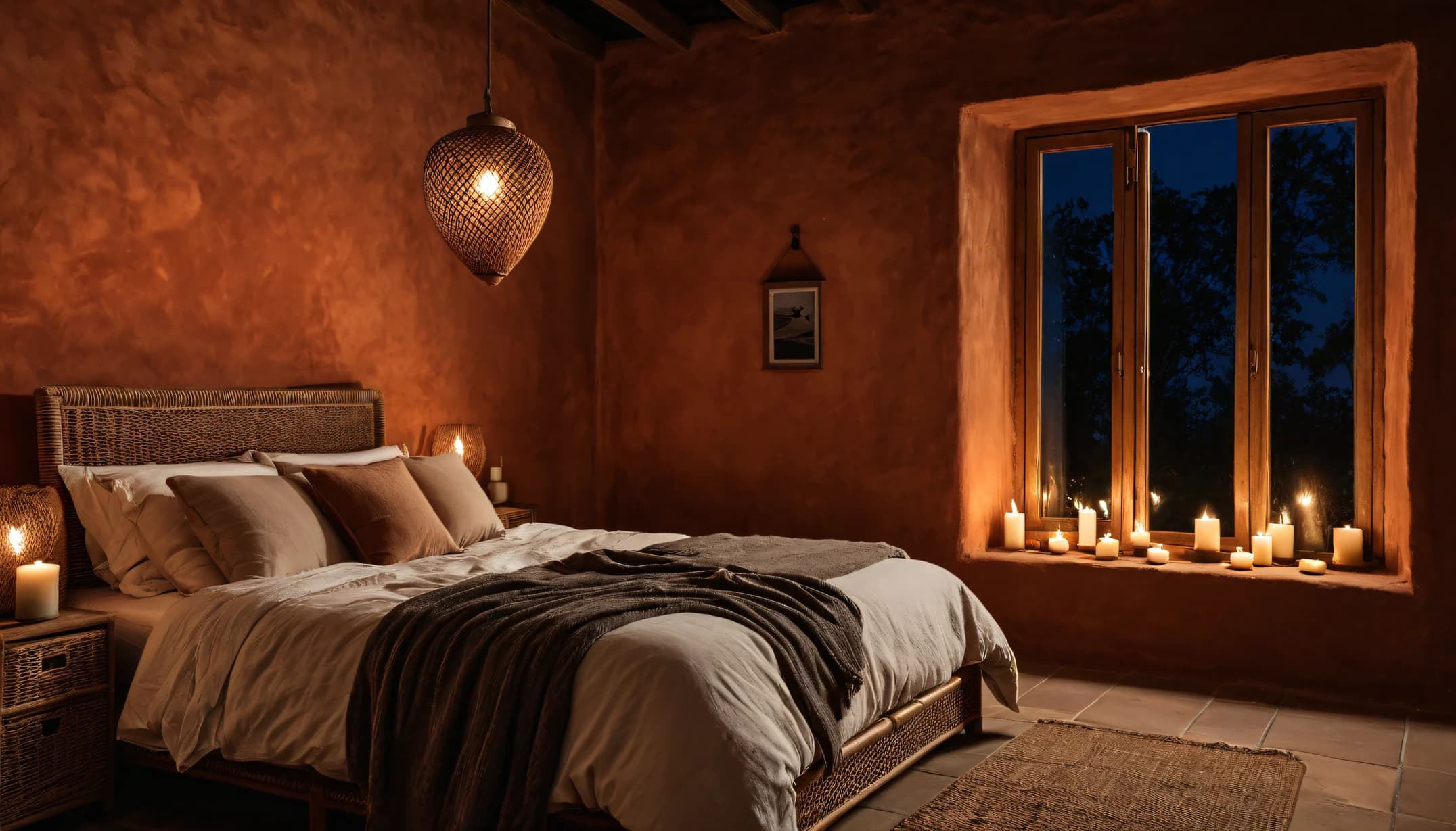 A Warm Organic bedroom with clay walls and candles on the sill
