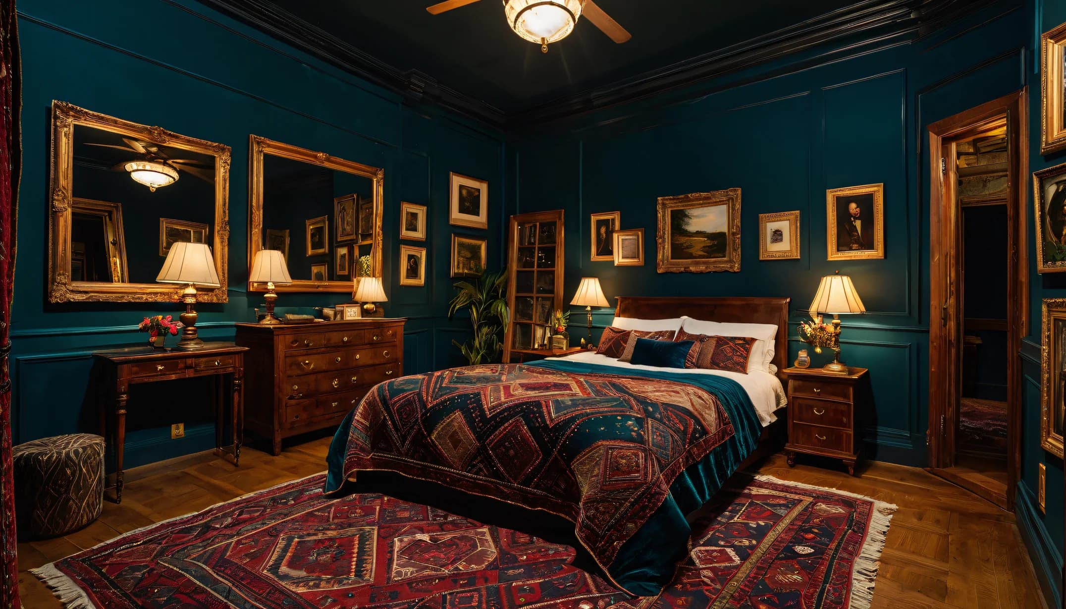 A Maximalist bedroom with gallery wall and layered rugs
