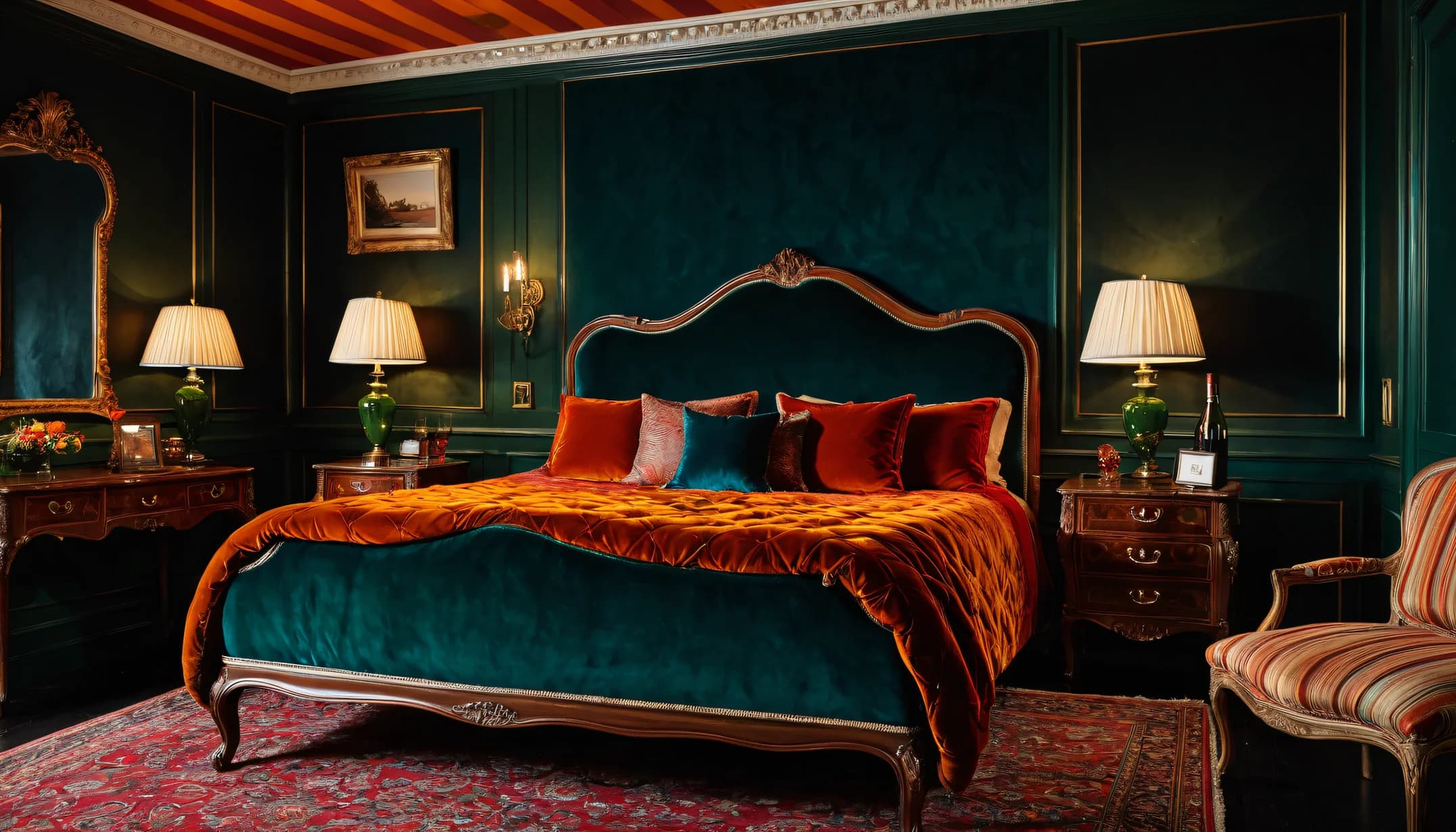 A Maximalist bedroom with rust velvet and carved headboard