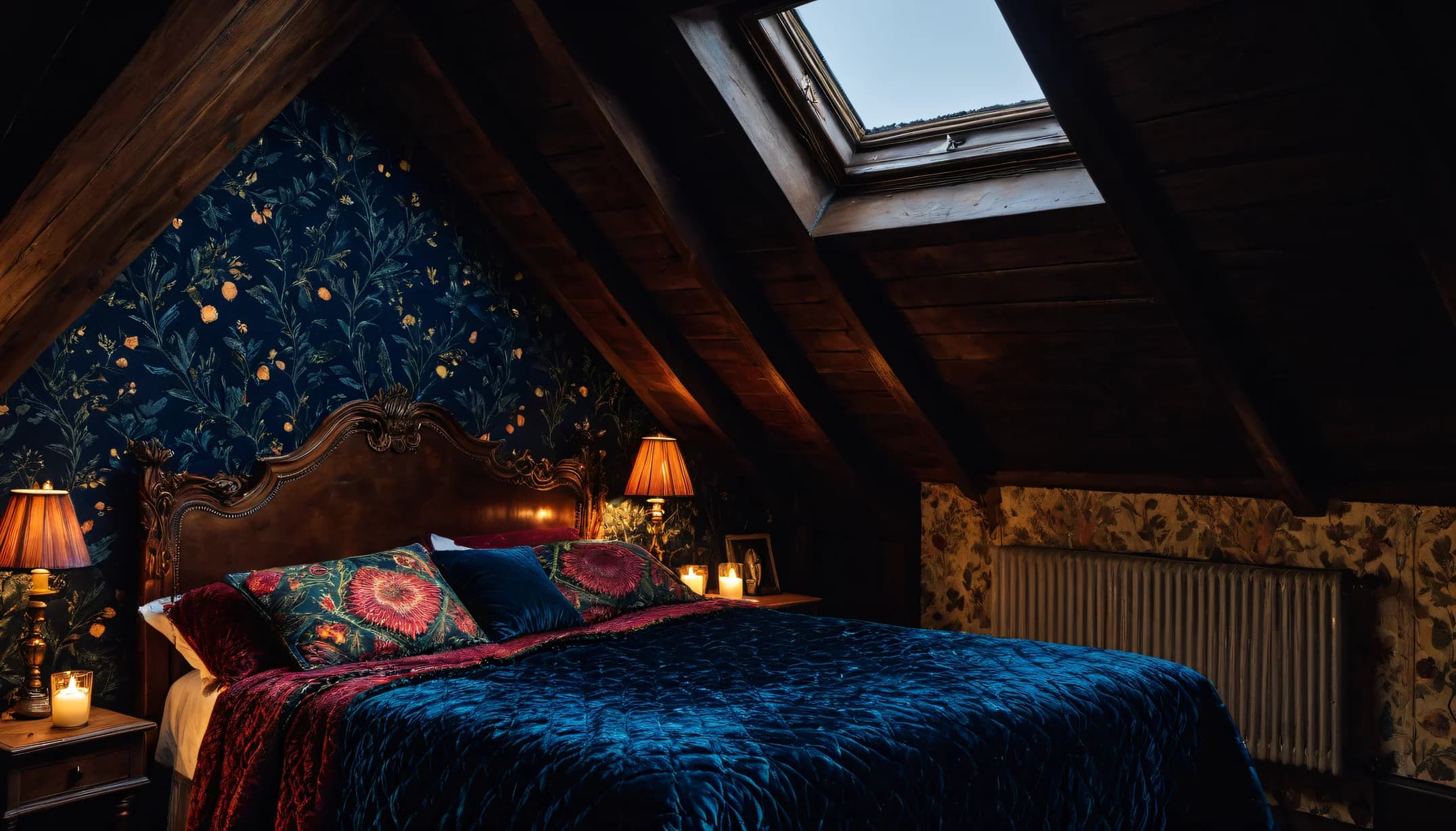 A Maximalist bedroom with floral attic and candlelight