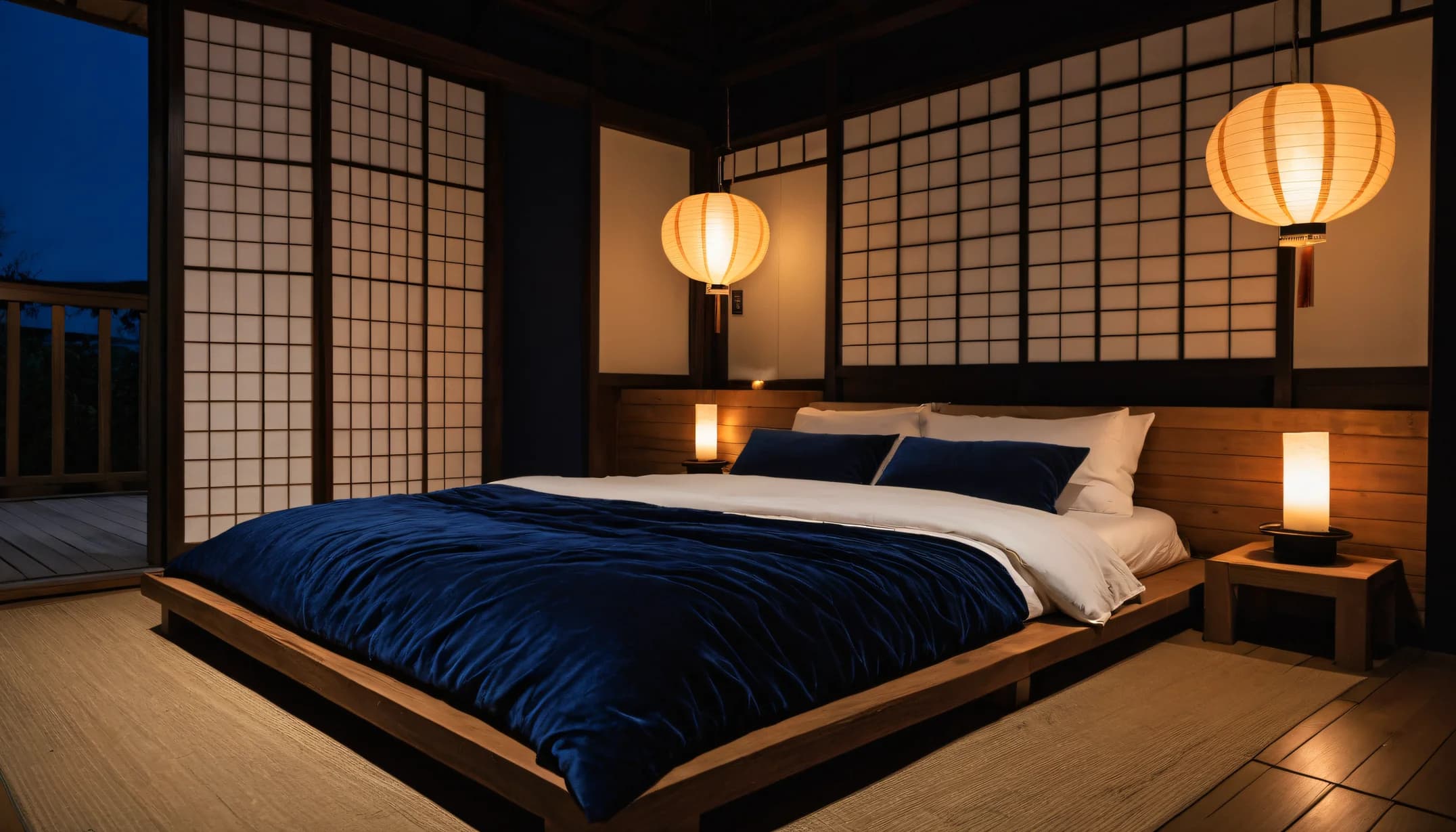 A Japandi bedroom from the Braise room library, shoji & paper lanterns