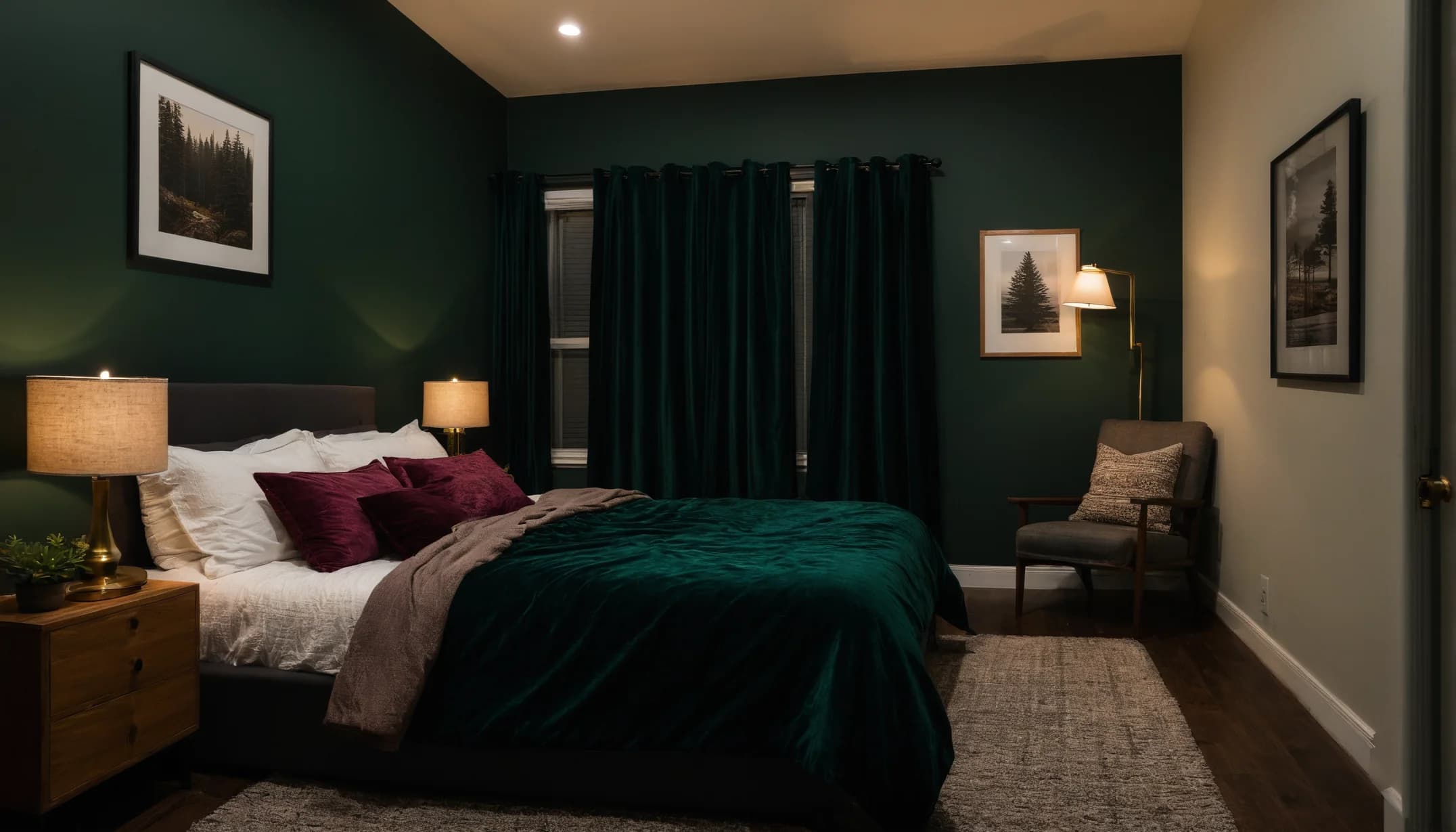 A forest green bedroom with velvet curtains, a green velvet bedspread, burgundy pillows and a lamp-lit armchair