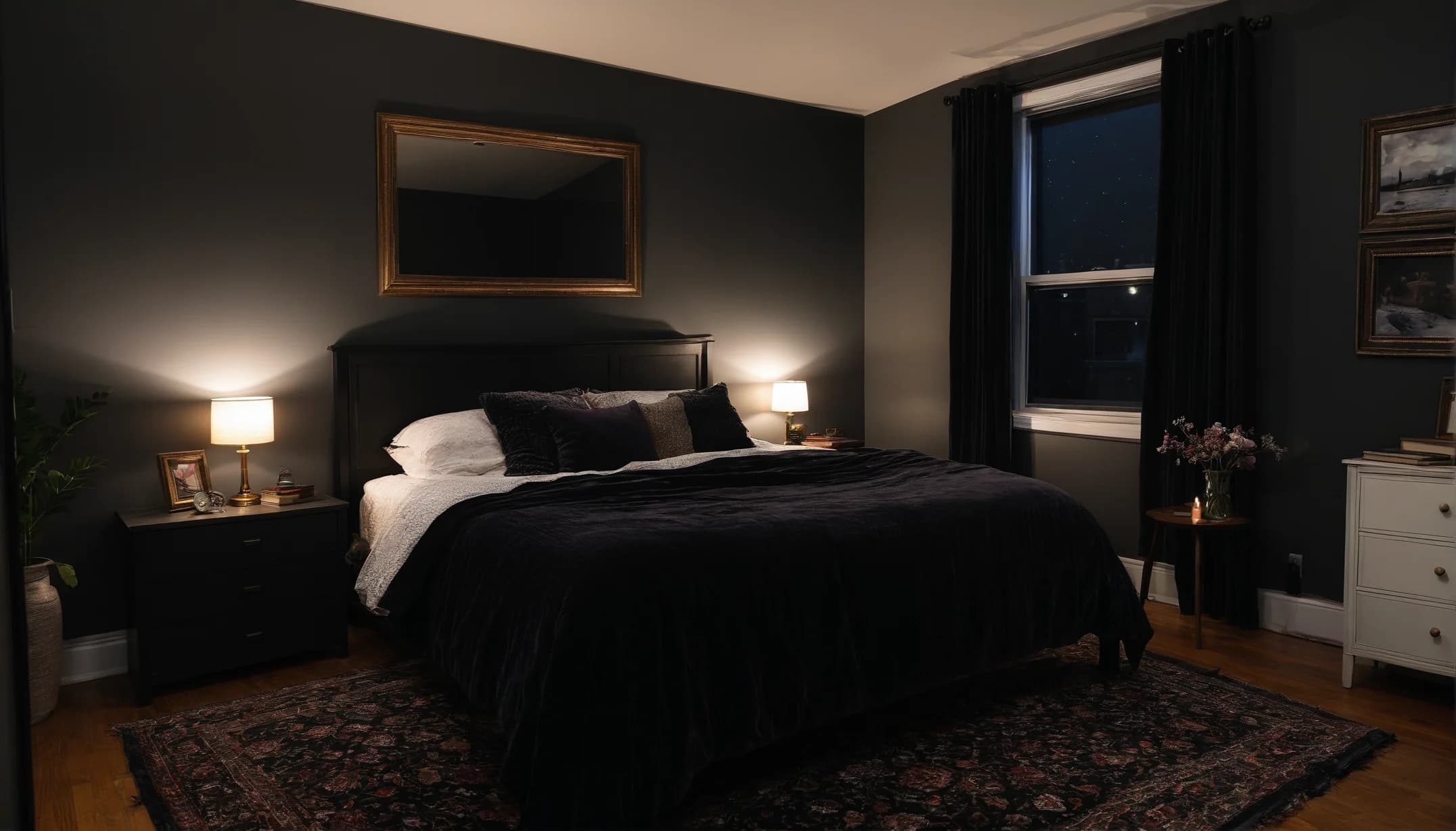 A charcoal bedroom with a black velvet bed under a gilt-framed mirror, two small lamps and a night window