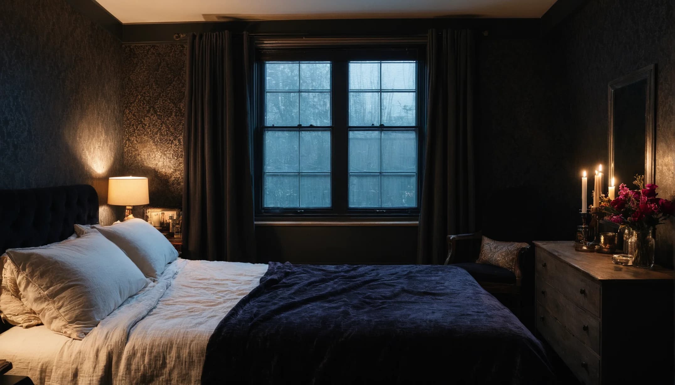 A dark bedroom at night with a deep blue window, lamplight and candles glowing on a dresser
