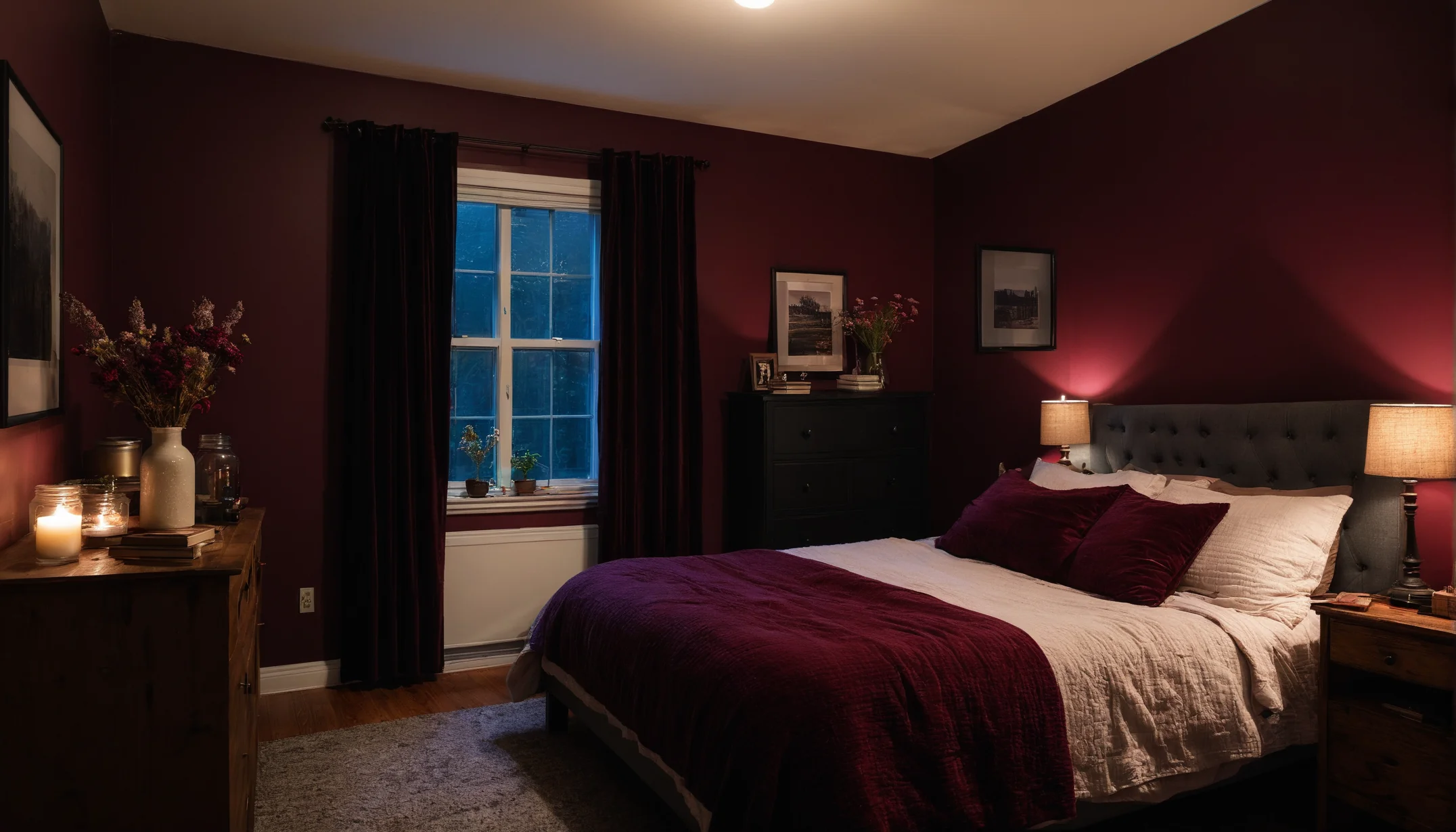 A plum bedroom on an autumn evening with a deep red throw, lamplight and candles on the nightstand