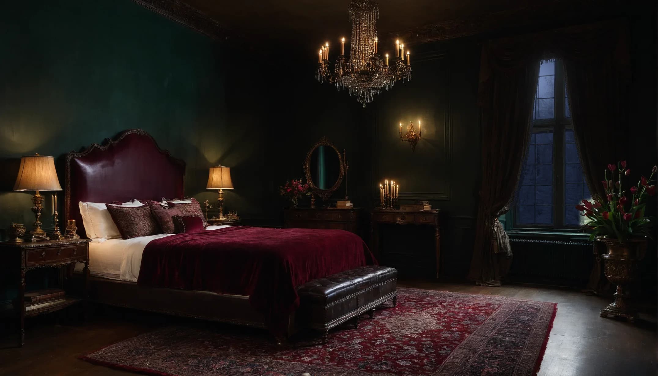 A candlelit bedroom with a velvet bed under a chandelier