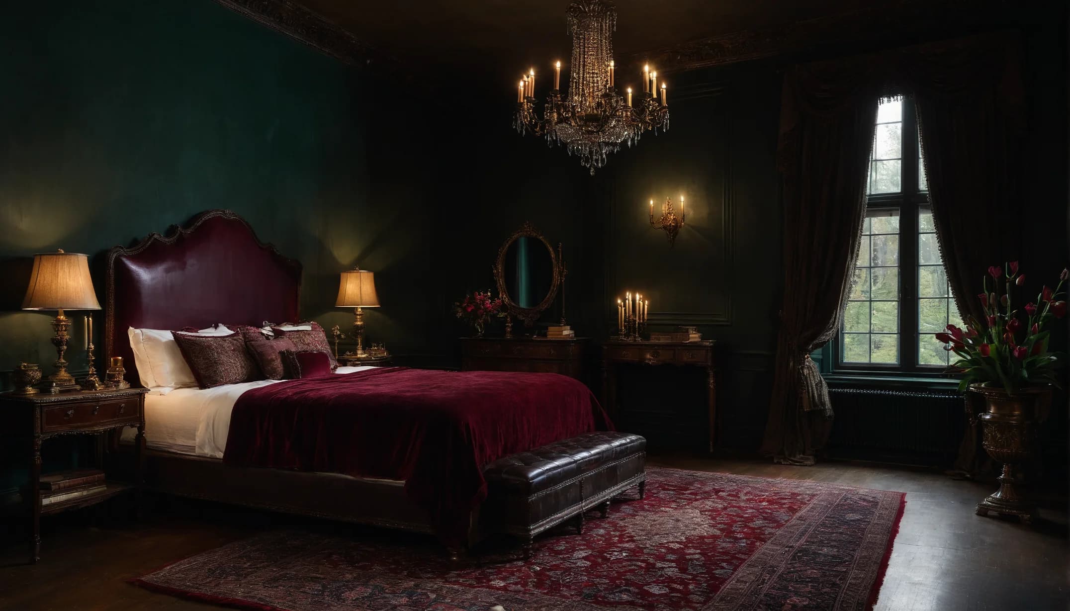Gothic romance bedroom with deep green paneled walls, an oxblood velvet bed, a candlelit crystal chandelier and an antique gilt mirror