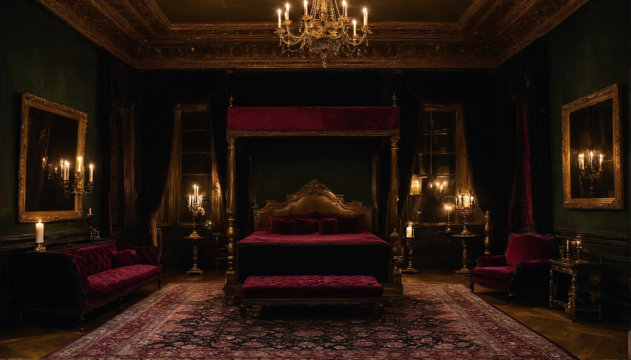 A dark green bedroom with a crimson velvet canopy bed, a candle chandelier, candelabras beside gilt-framed mirrors and a velvet settee