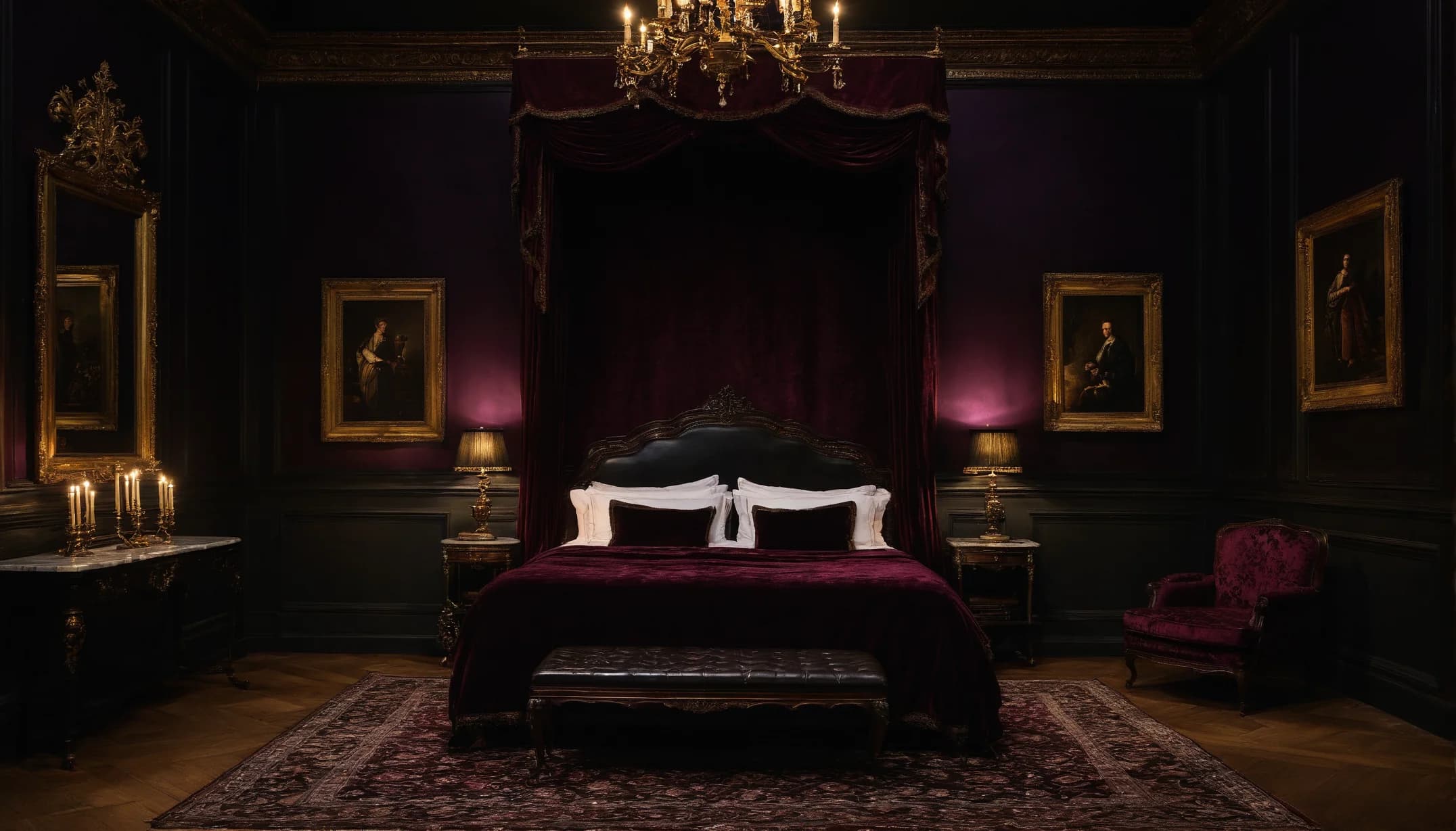 A plum and black bedroom with a velvet canopy bed, a black tufted bench, a gilt chandelier, candles on a marble console and gold-framed portraits