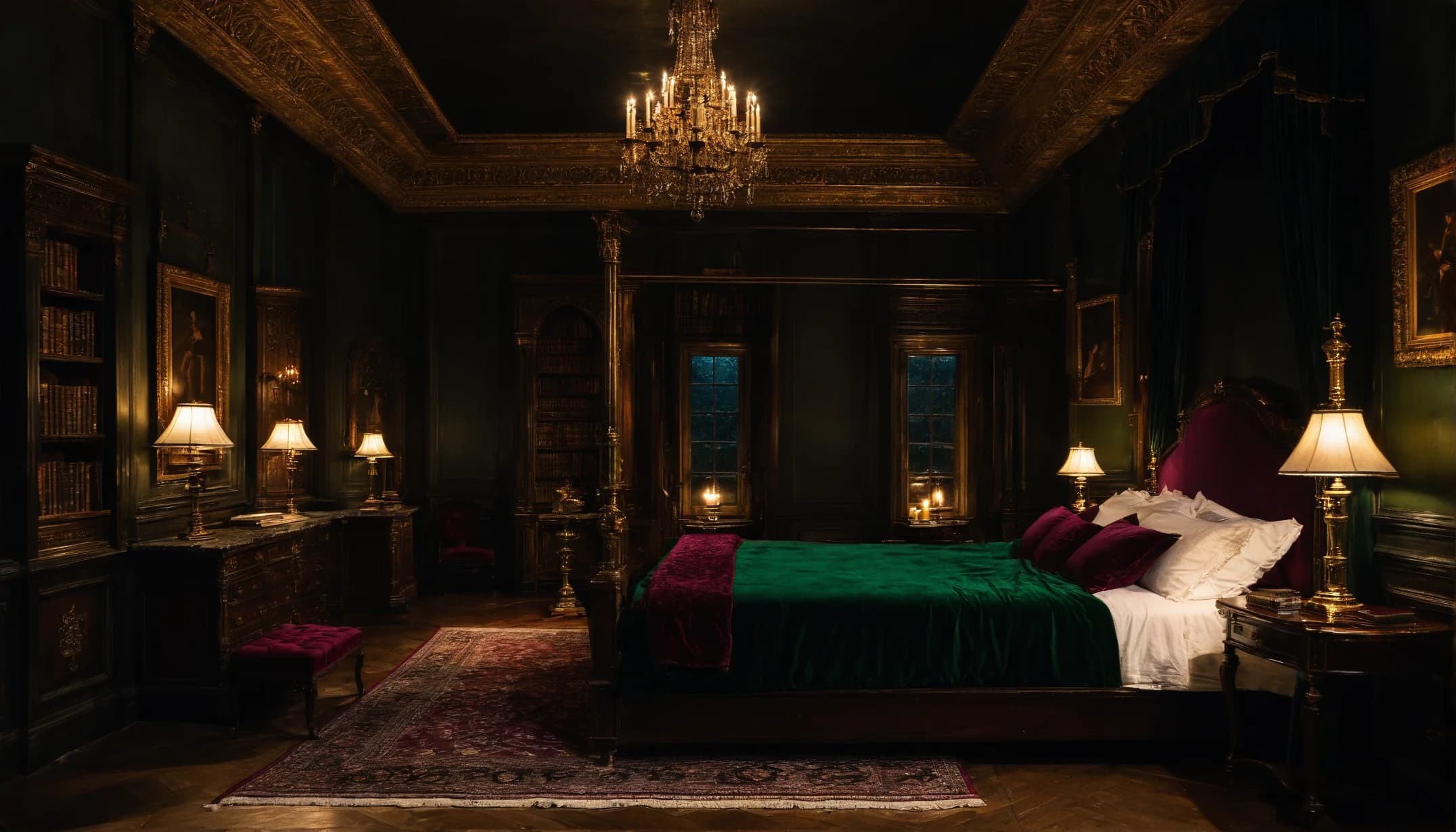 A dark green paneled bedroom with an emerald velvet bedspread, burgundy pillows, brass lamps, built-in bookshelves and a candlelit chandelier