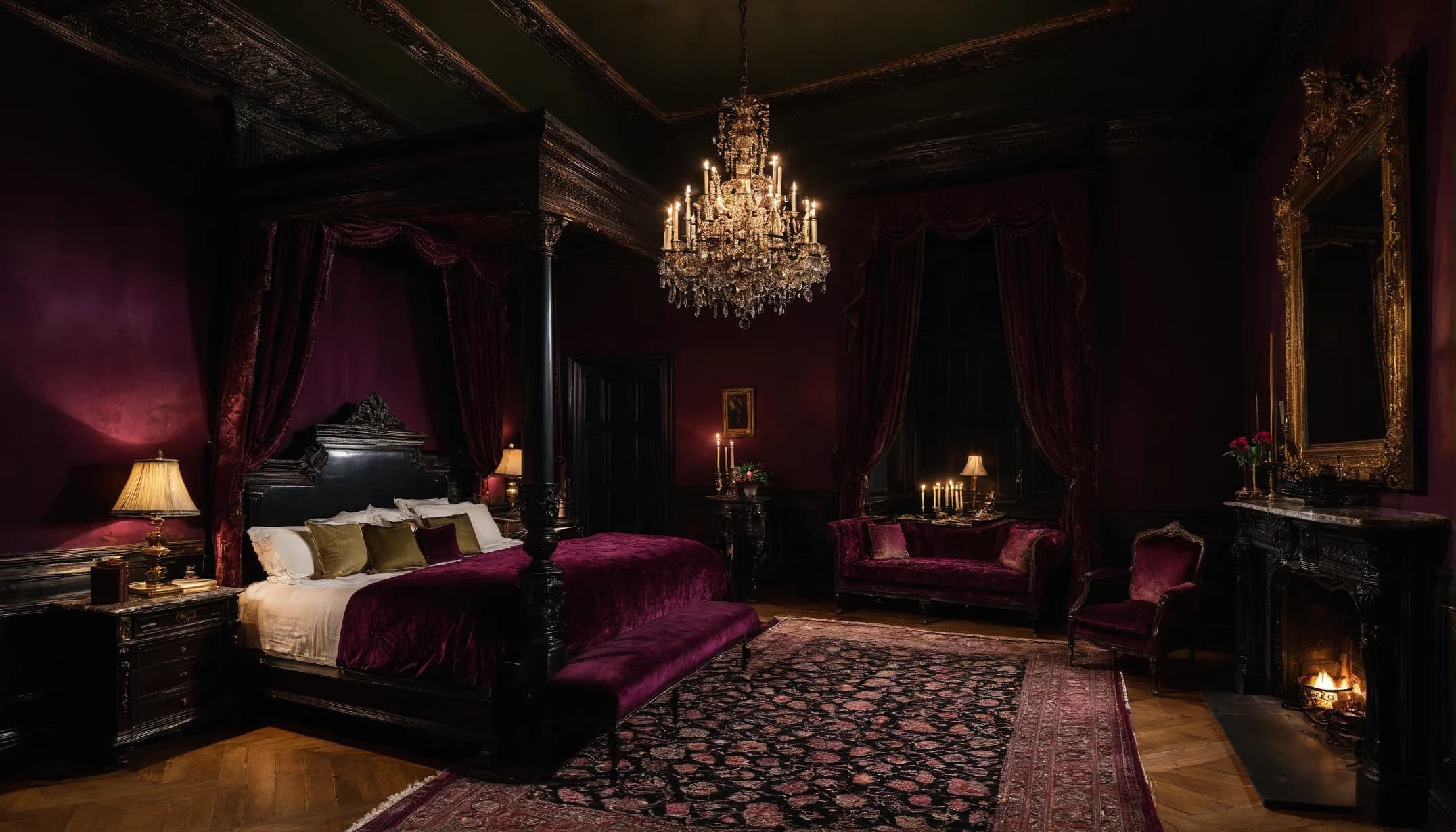 A plum bedroom with a black four-poster bed, a crystal chandelier, a gilt mirror over a lit fireplace and a velvet settee
