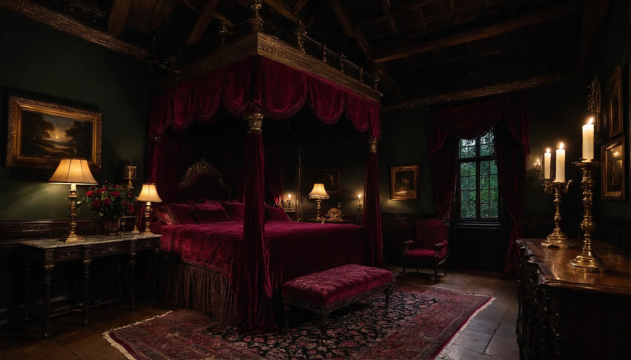 A dark paneled bedroom with a crimson velvet four-poster, tall lit candles on brass candlesticks, a lamp-lit desk and a leaded window