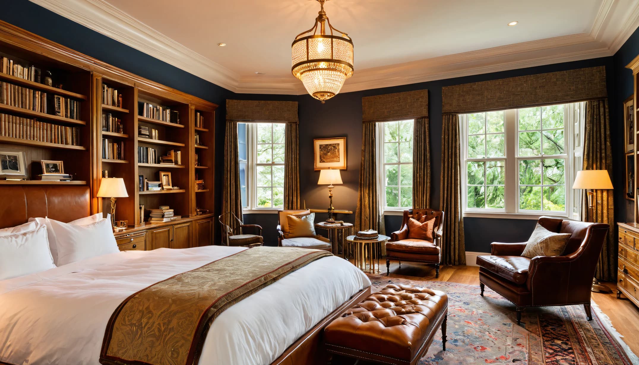 A The Study bedroom with shelves and leather chairs