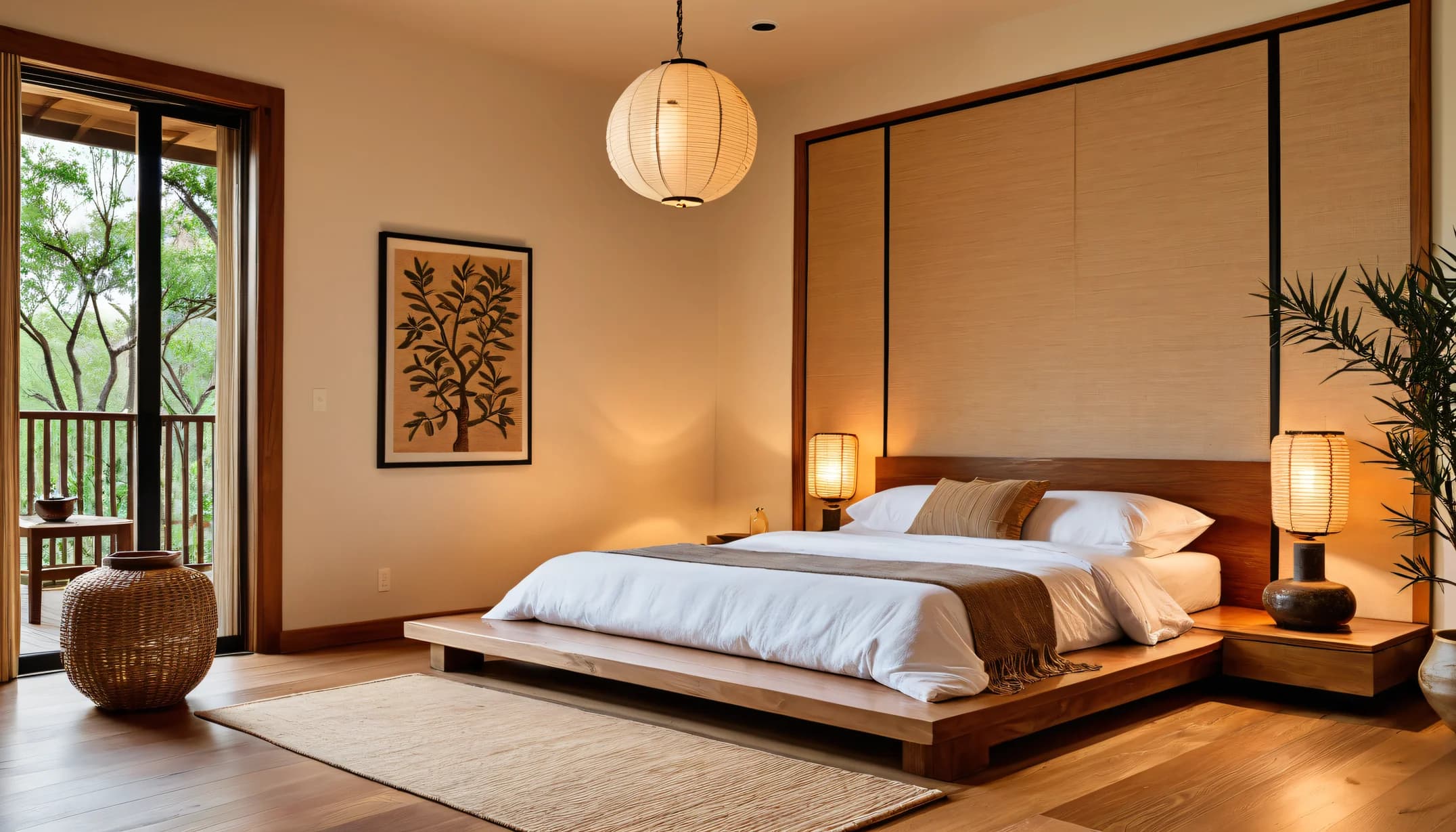 A Japandi bedroom with a low oak platform bed, a paper lantern pendant, two paper table lamps and a woven headboard wall