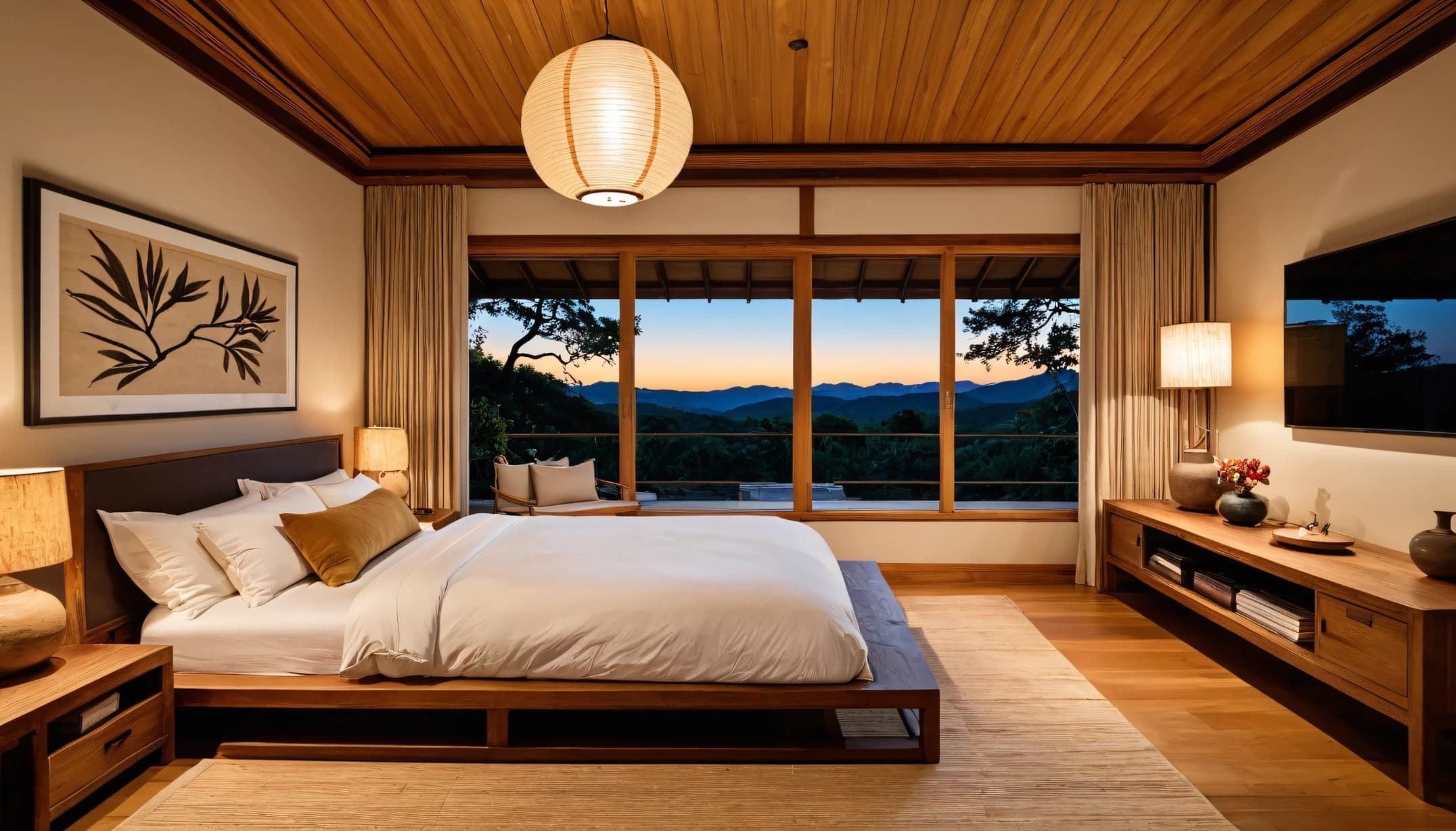 A Japandi bedroom from the Braise room library, timber ceiling & dusk view