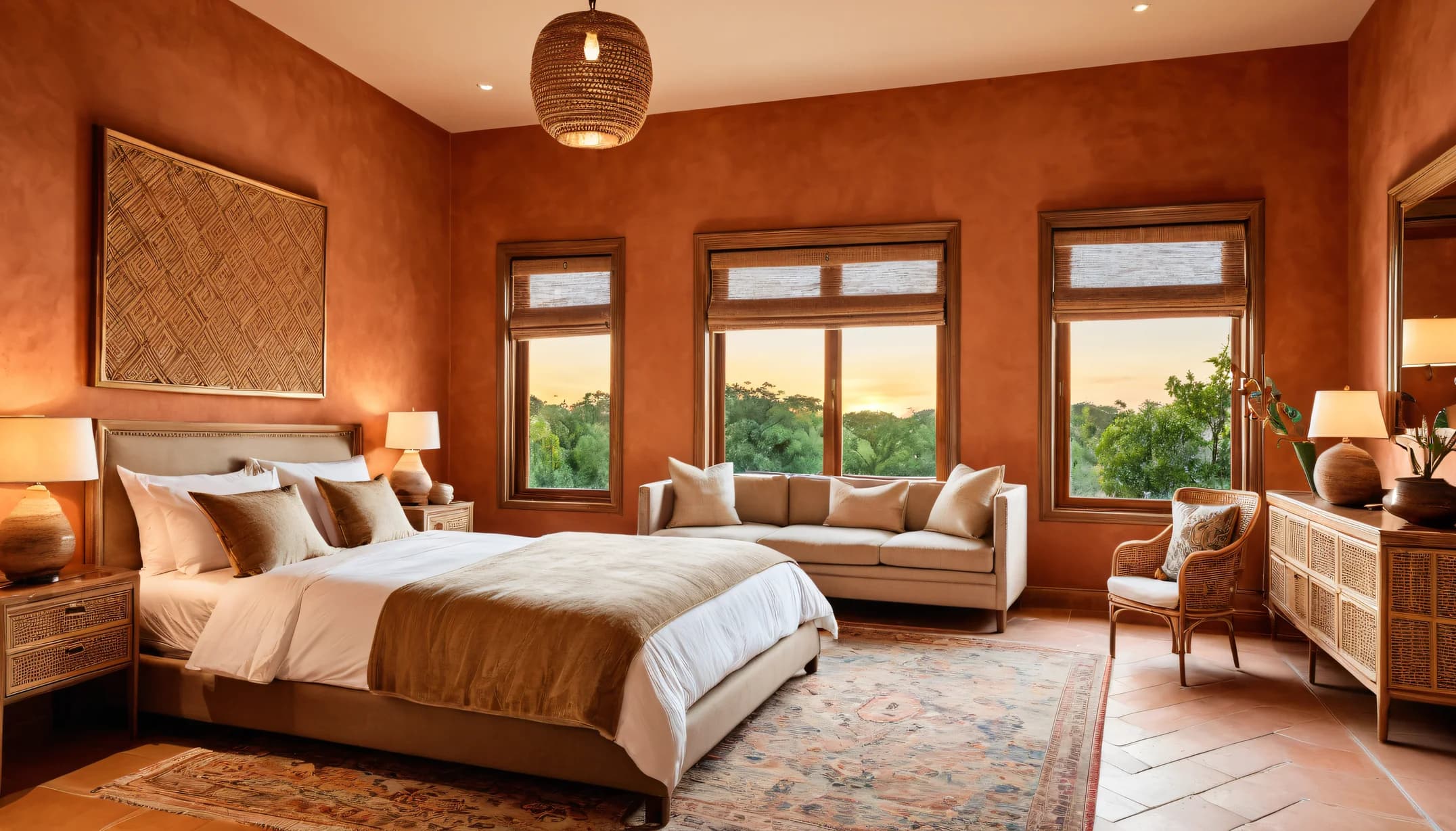 A clay plaster bedroom at sunset with a woven pendant lamp, a linen sofa under the windows, a patterned rug and lit table lamps