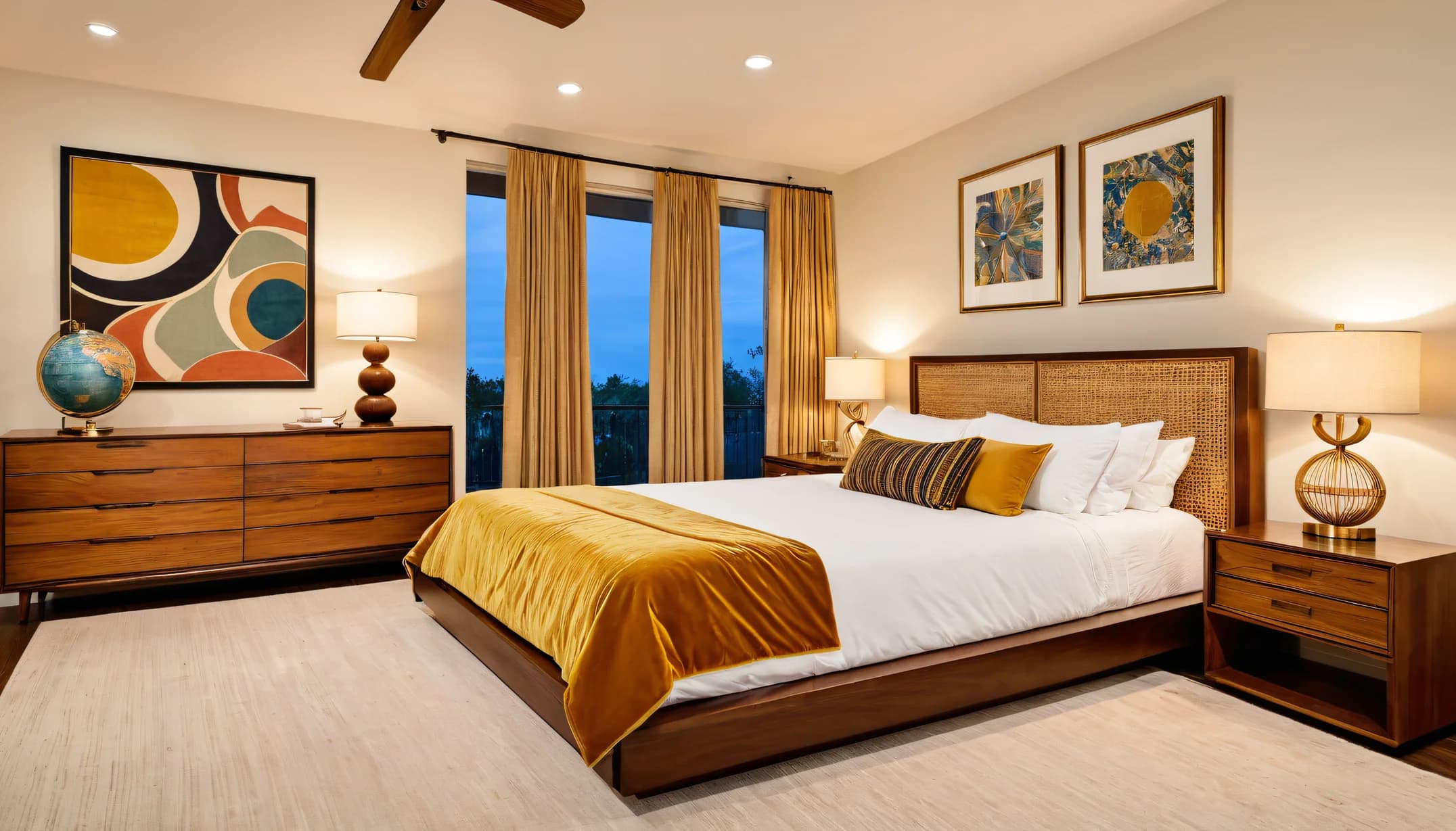A mid-century bedroom at dusk with a walnut platform bed, a mustard velvet throw, a cane headboard and a wide cream rug