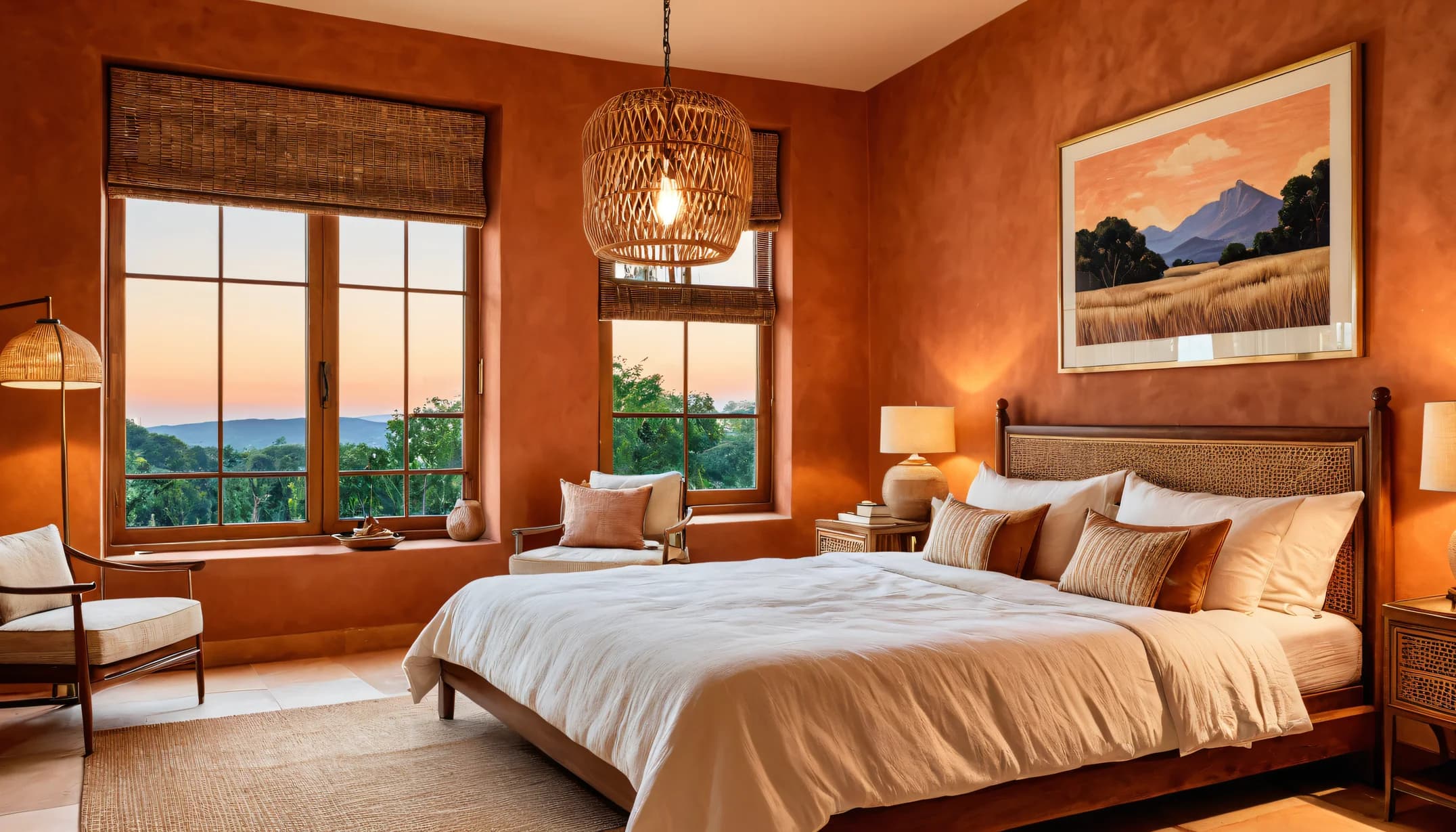 A rust plaster bedroom at dusk with a glowing woven pendant, white linen bedding, a cane headboard and a mountain print above the bed