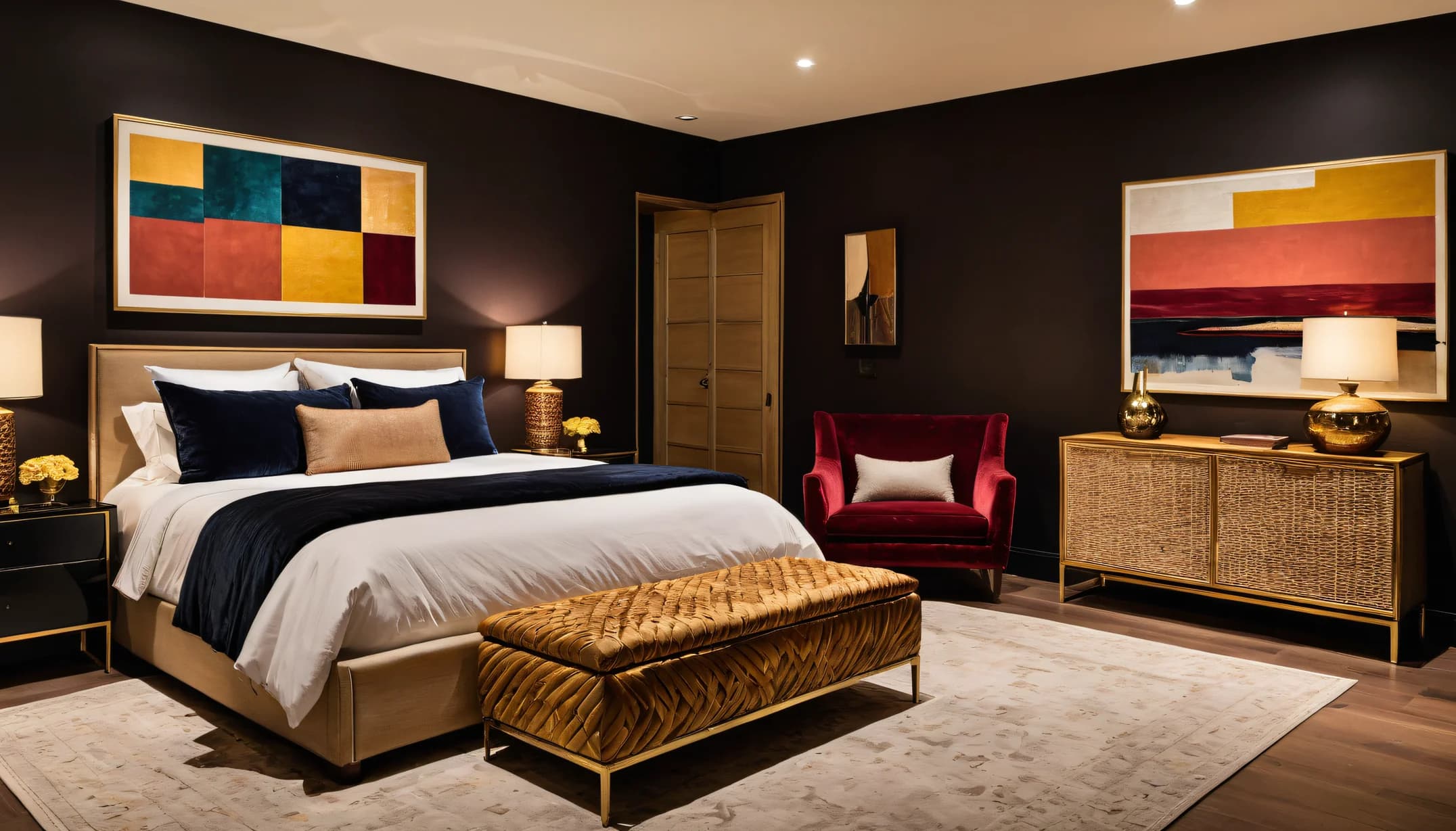 A charcoal-walled bedroom with a quilted gold velvet bench, brass lamps, a crimson velvet armchair and bold color-block art