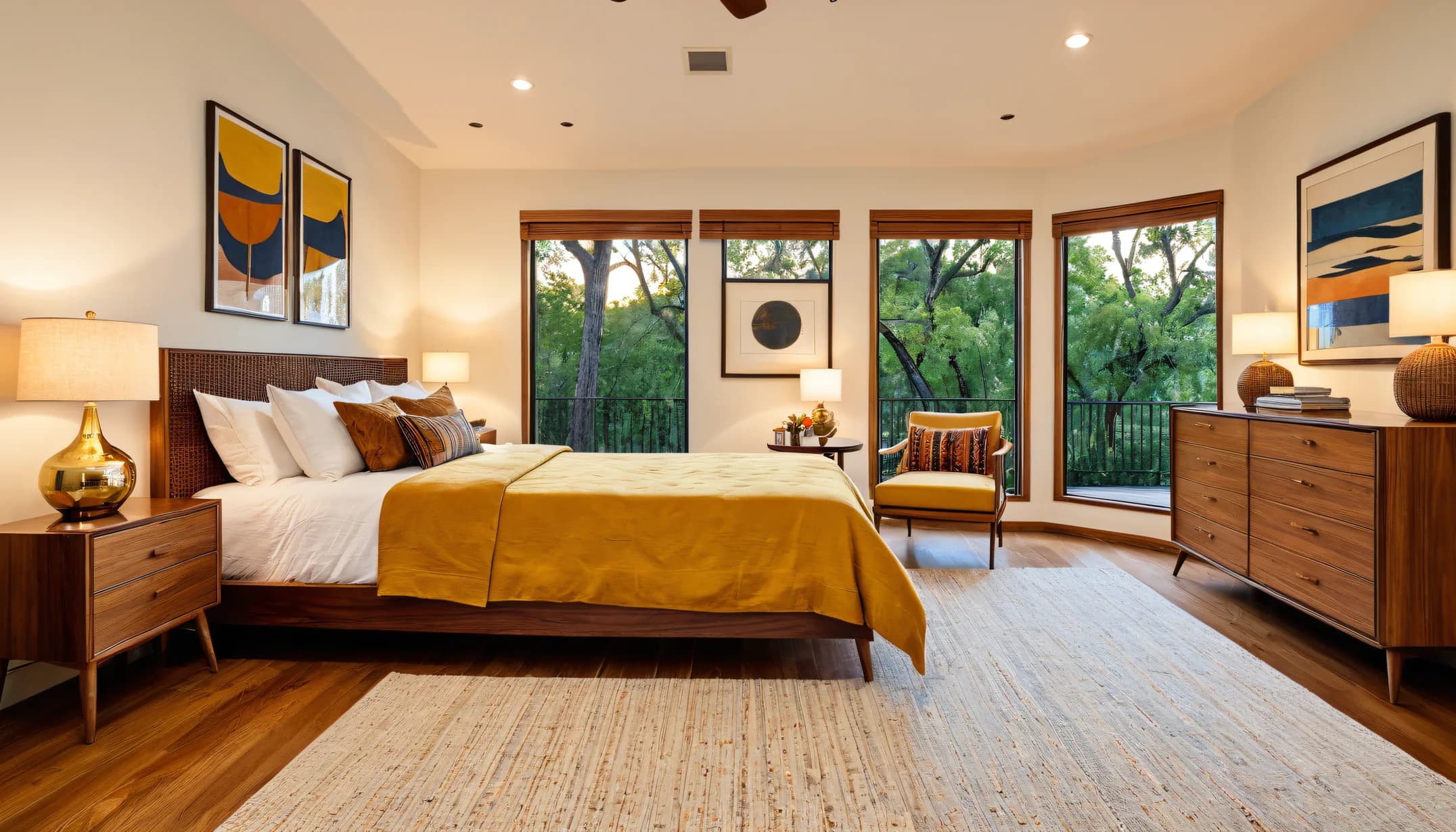 A Mid-Century Modern bedroom with walnut and garden light