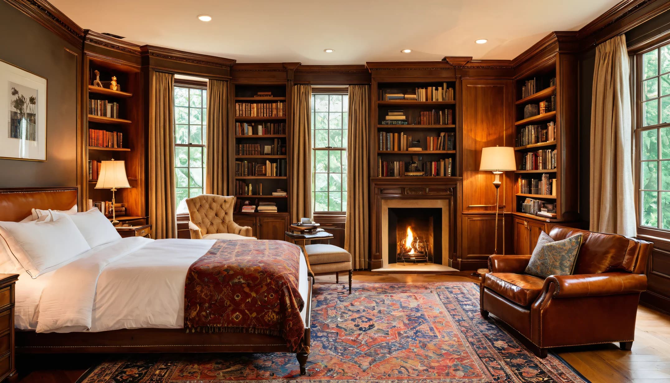 A wood-paneled library bedroom with a lit fireplace, built-in bookshelves, a leather armchair and a patterned throw on the bed