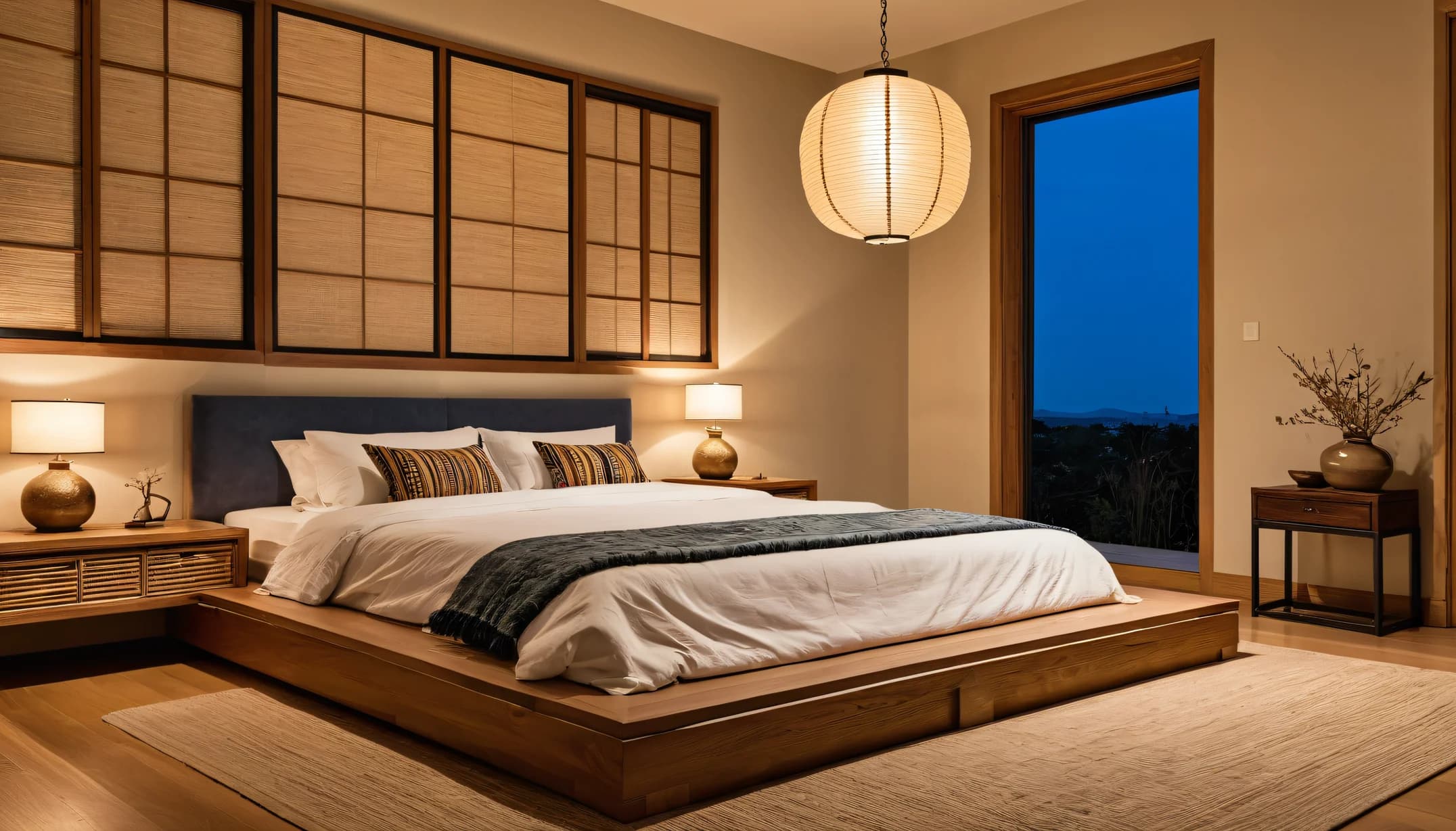 A Japandi bedroom at night with a paper lantern pendant, a low wooden platform bed, shoji panels and a deep blue window
