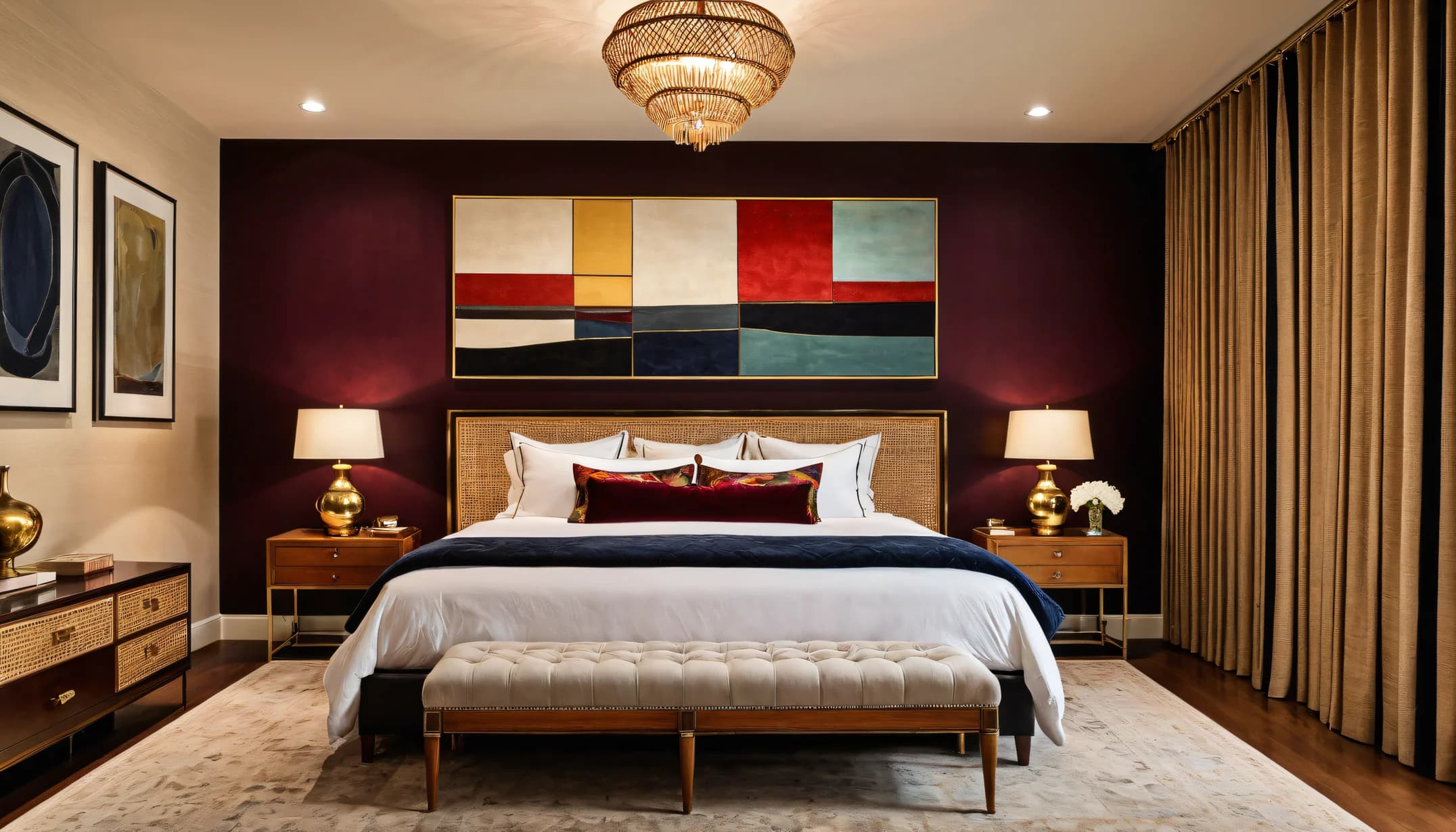 An oxblood-walled bedroom with a cane headboard, brass lamps, a tufted bench at the foot of the bed and long gold curtains