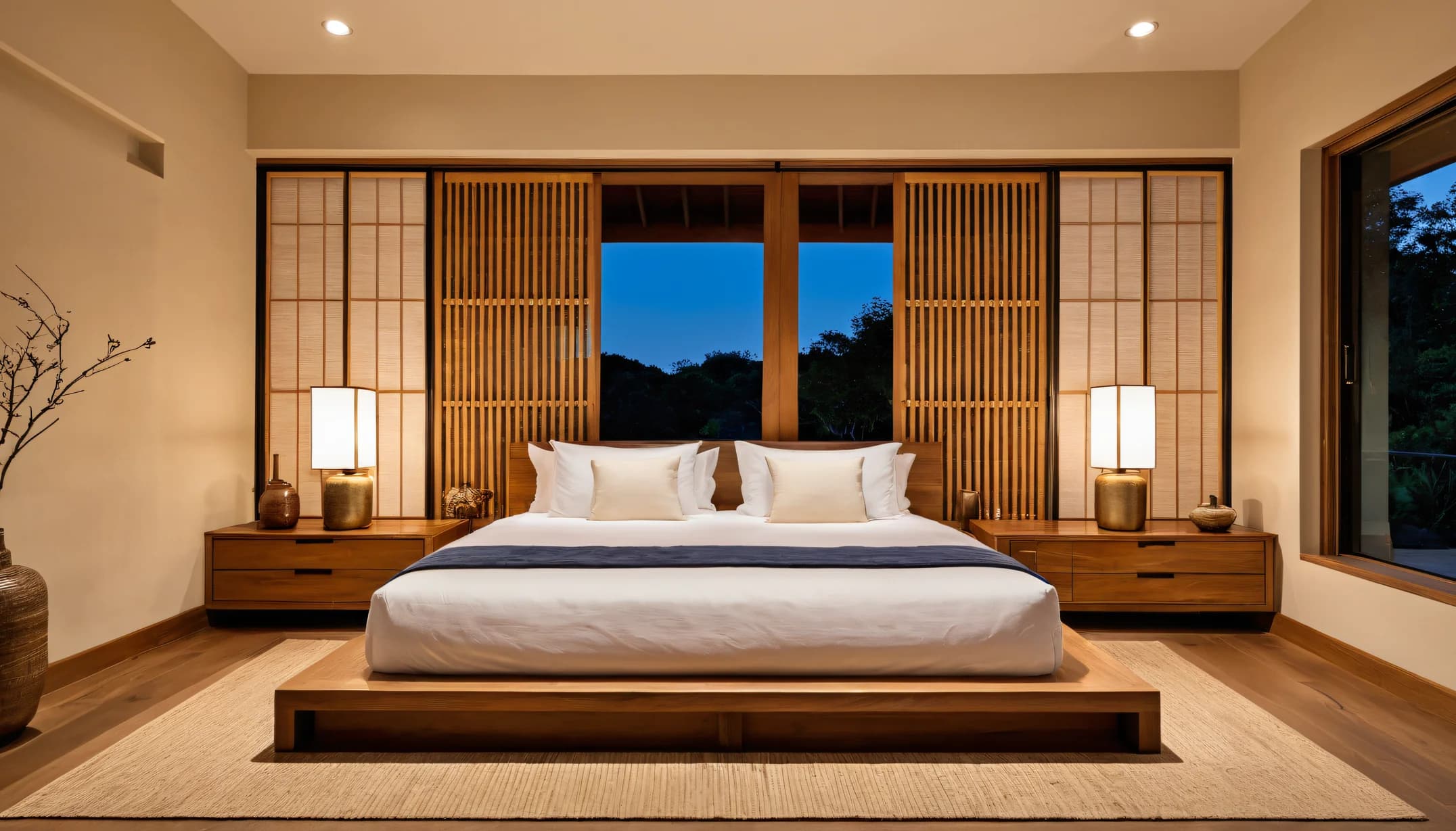A Japandi bedroom at dusk with a low walnut platform bed, two paper lamps on bare nightstands and slatted shoji panels around a night window
