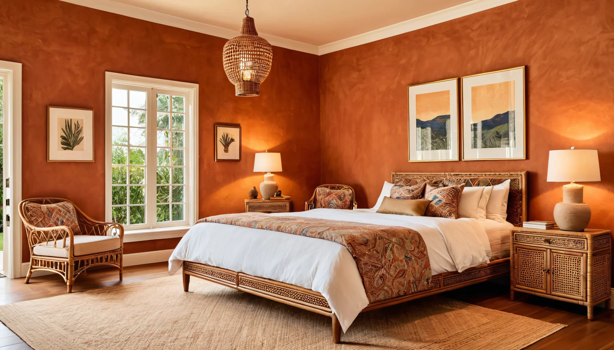 A terracotta plaster bedroom with a woven pendant lamp, a rattan bed and armchair, a paisley throw and two lit table lamps