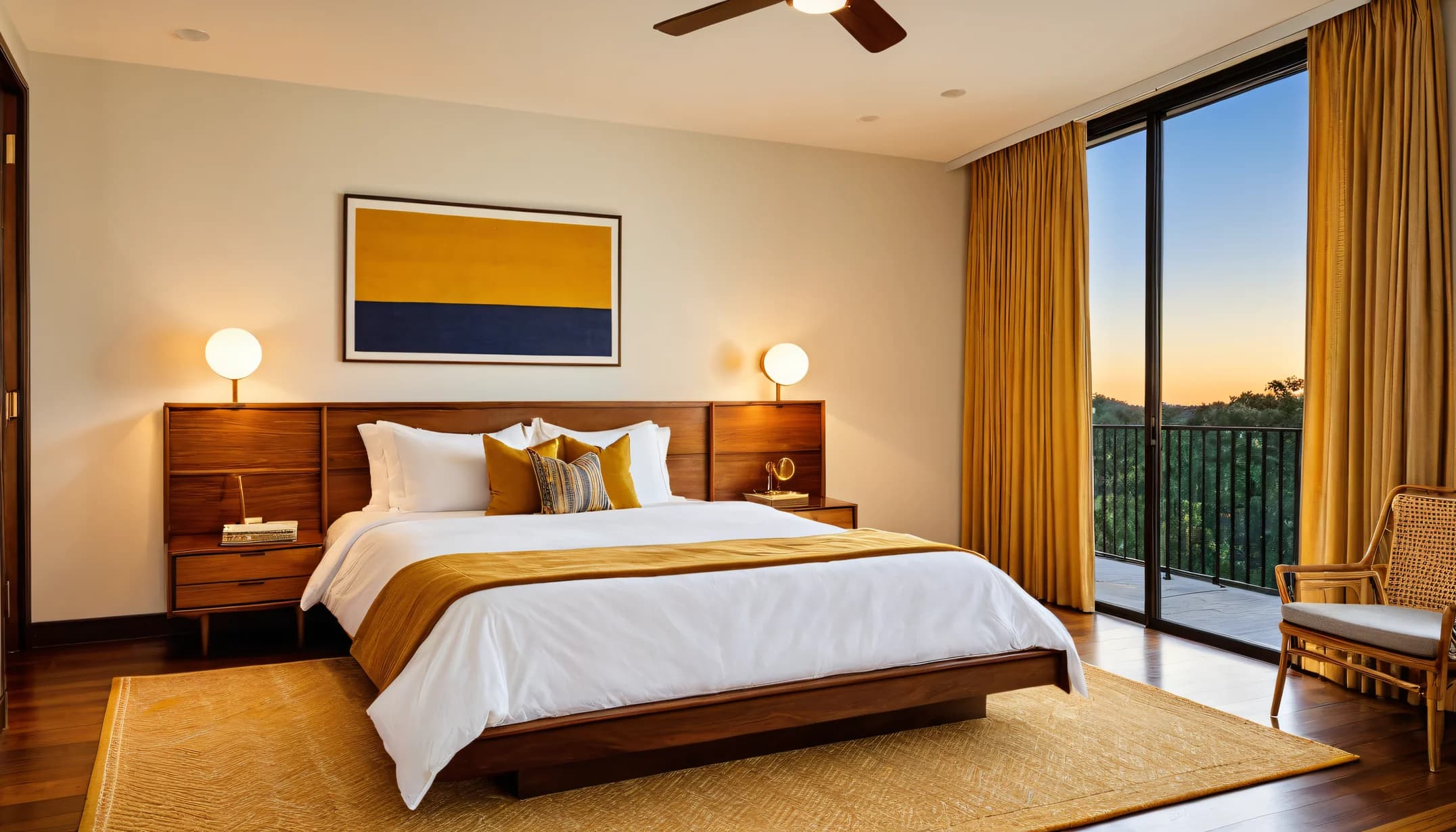 A mid-century bedroom with a walnut headboard wall, two glowing globe lamps, mustard bedding and a balcony door at sunset