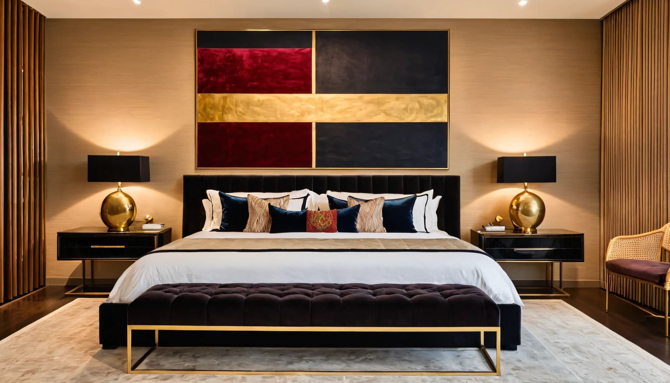 A bedroom with a black velvet bed, a tufted black bench on a brass frame, gold lamps on black nightstands and a crimson, black and gold panel above