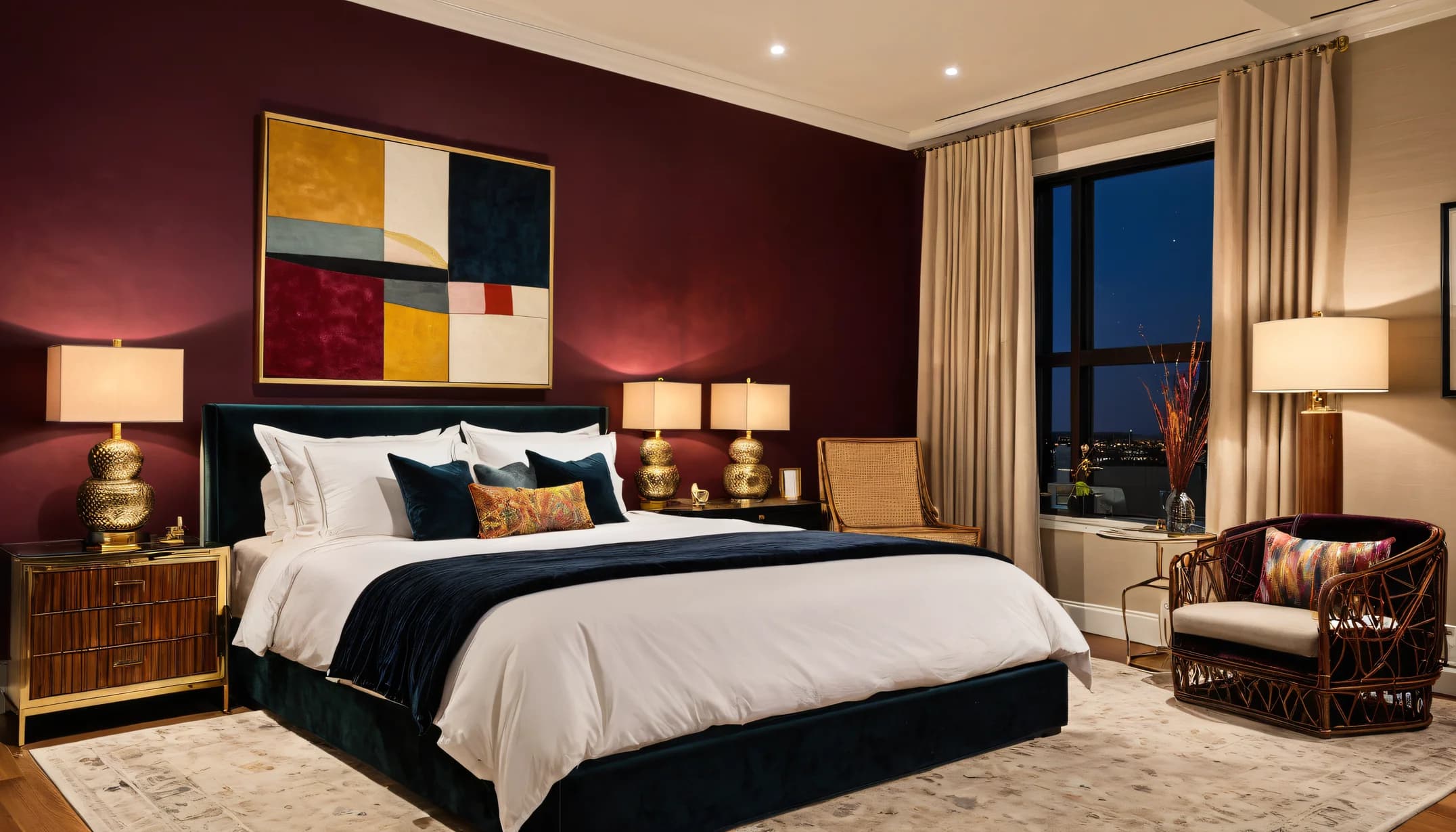 A plum-walled bedroom at night with a black velvet bed, brass lamps, color-block art and a city window
