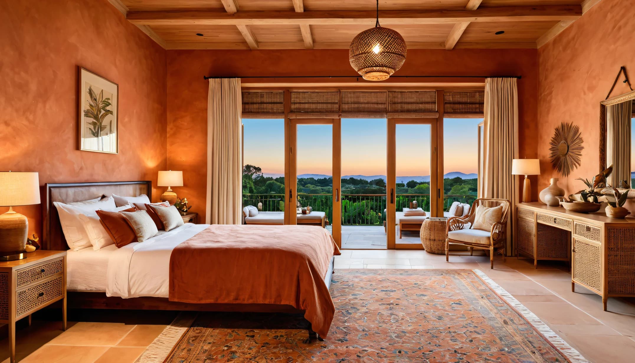 A clay-walled bedroom with timber ceiling beams, terracotta floor tiles, a woven pendant lamp and glass doors open to a terrace at dusk