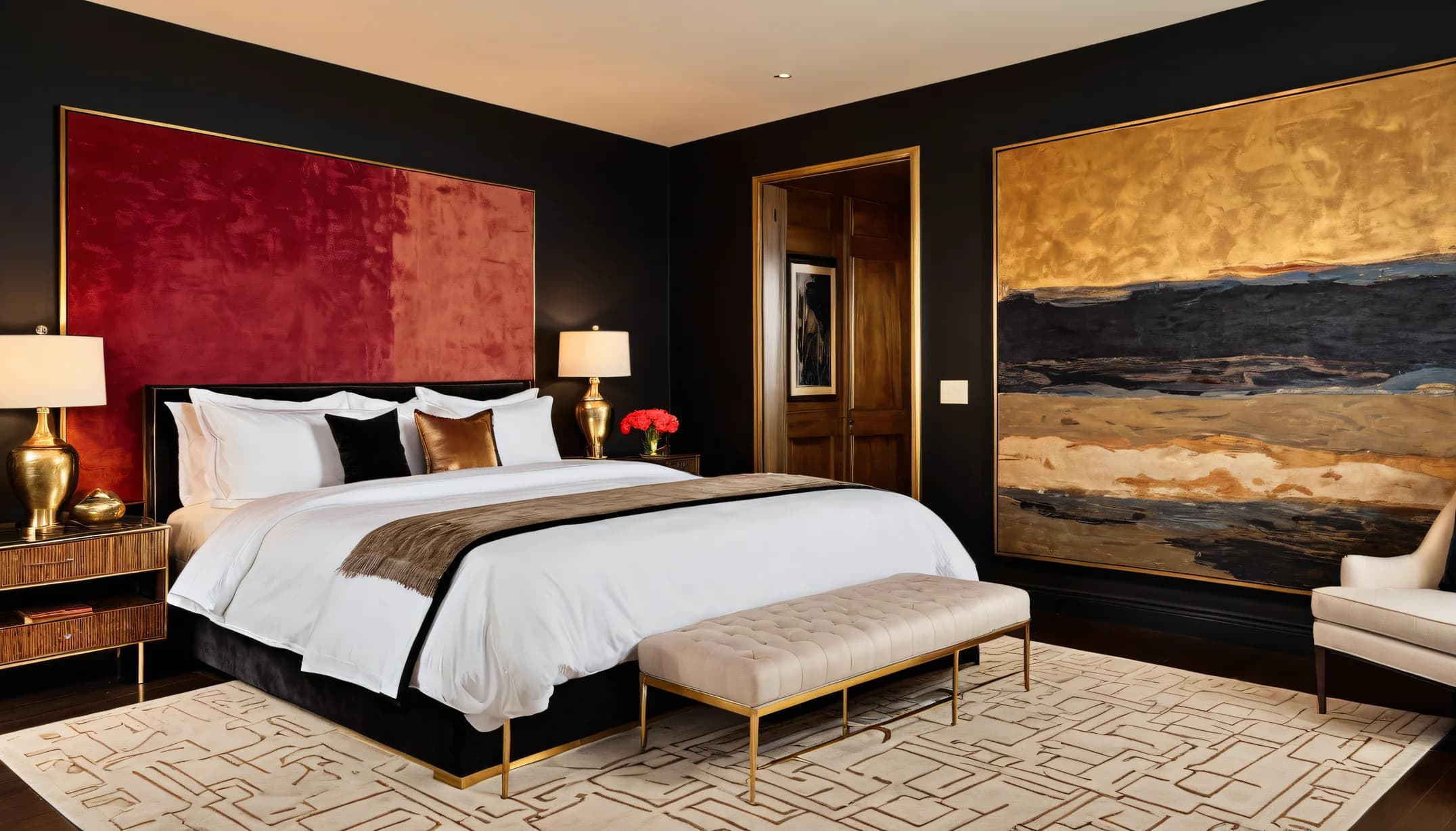 A black-walled bedroom with a large crimson velvet panel behind the bed, a black velvet bed frame, brass lamps and a pale tufted bench