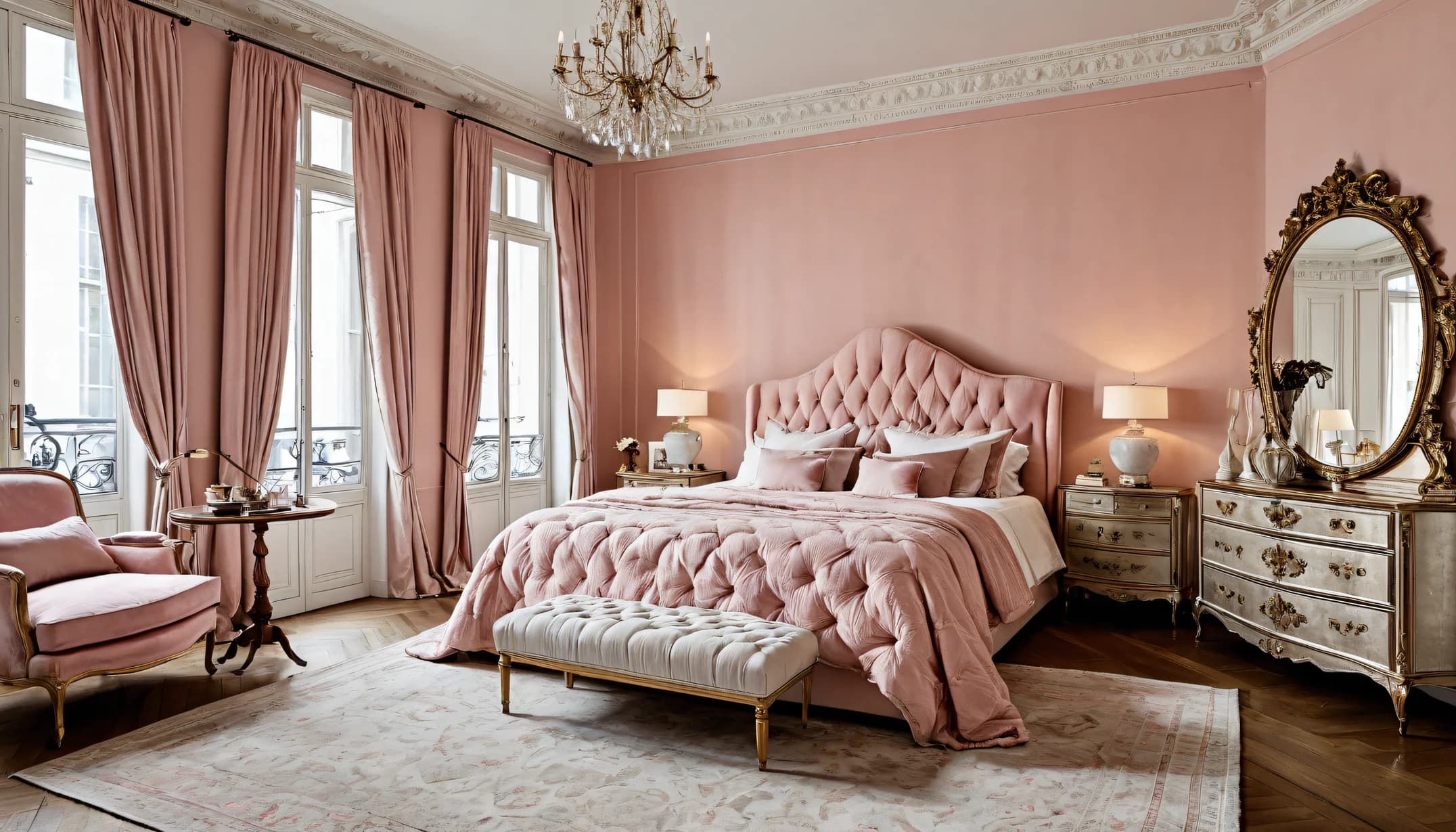 A Parisian Boudoir bedroom from the Braise room library, rose paneling & gilt mirror
