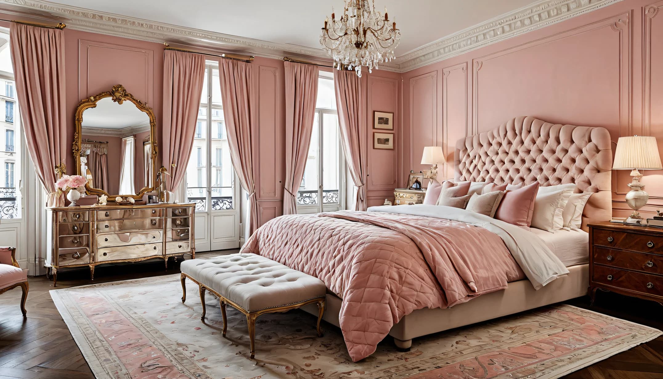 A Parisian Boudoir bedroom with pink walls and tufted headboard