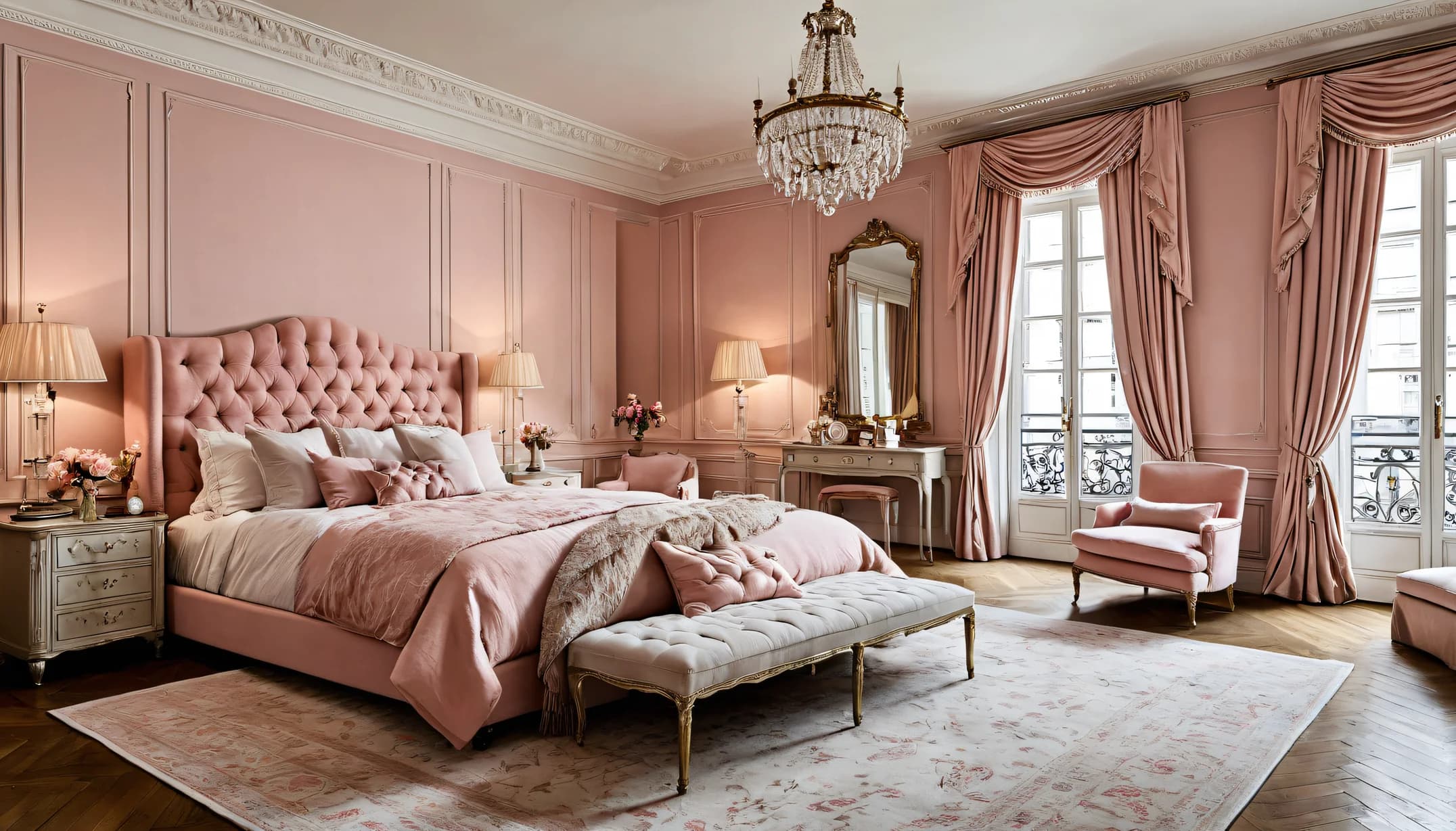 A Parisian Boudoir bedroom with blush drapes and crystal