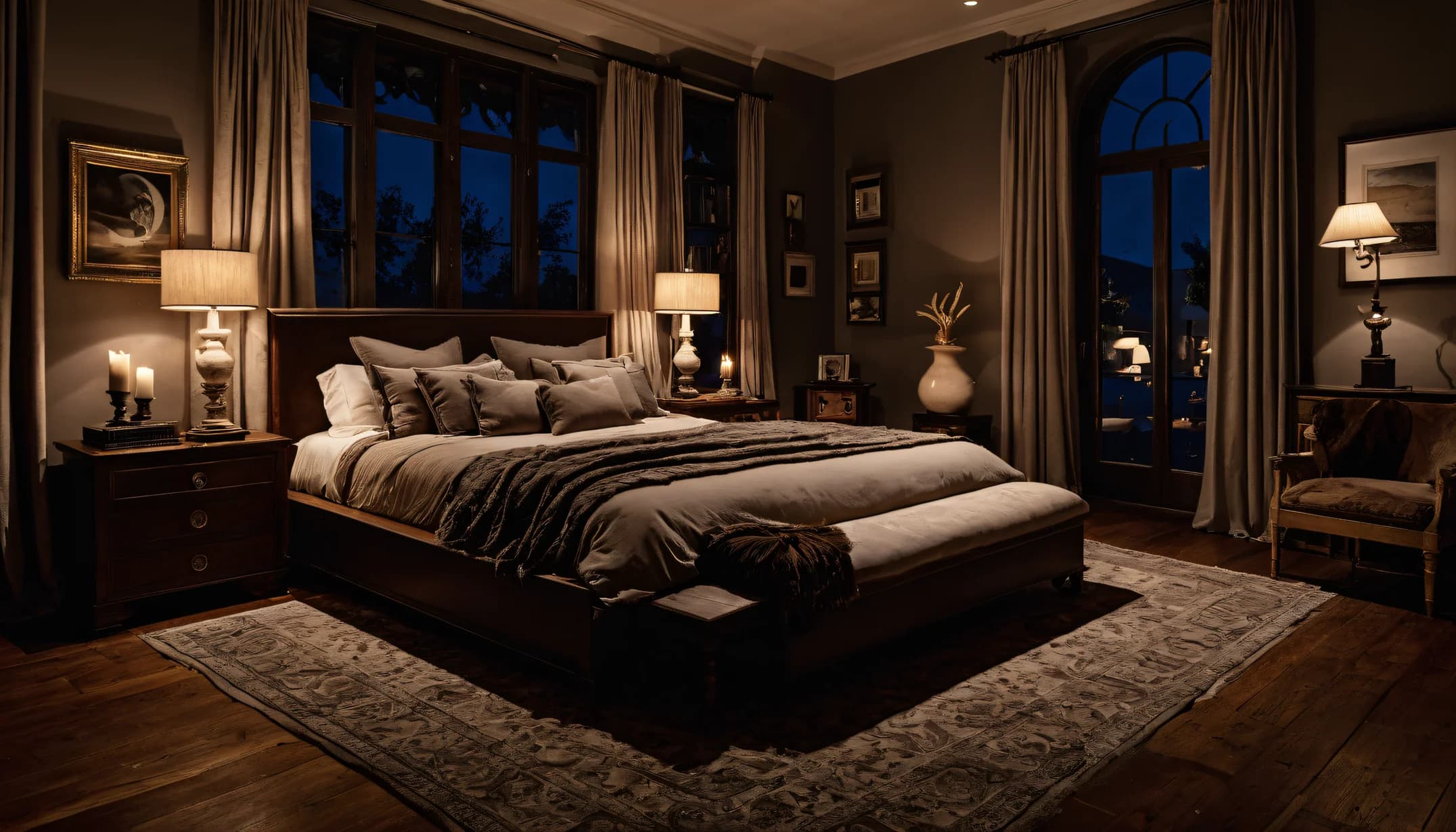 A dark wood study bedroom with an arched window and warm lamplight