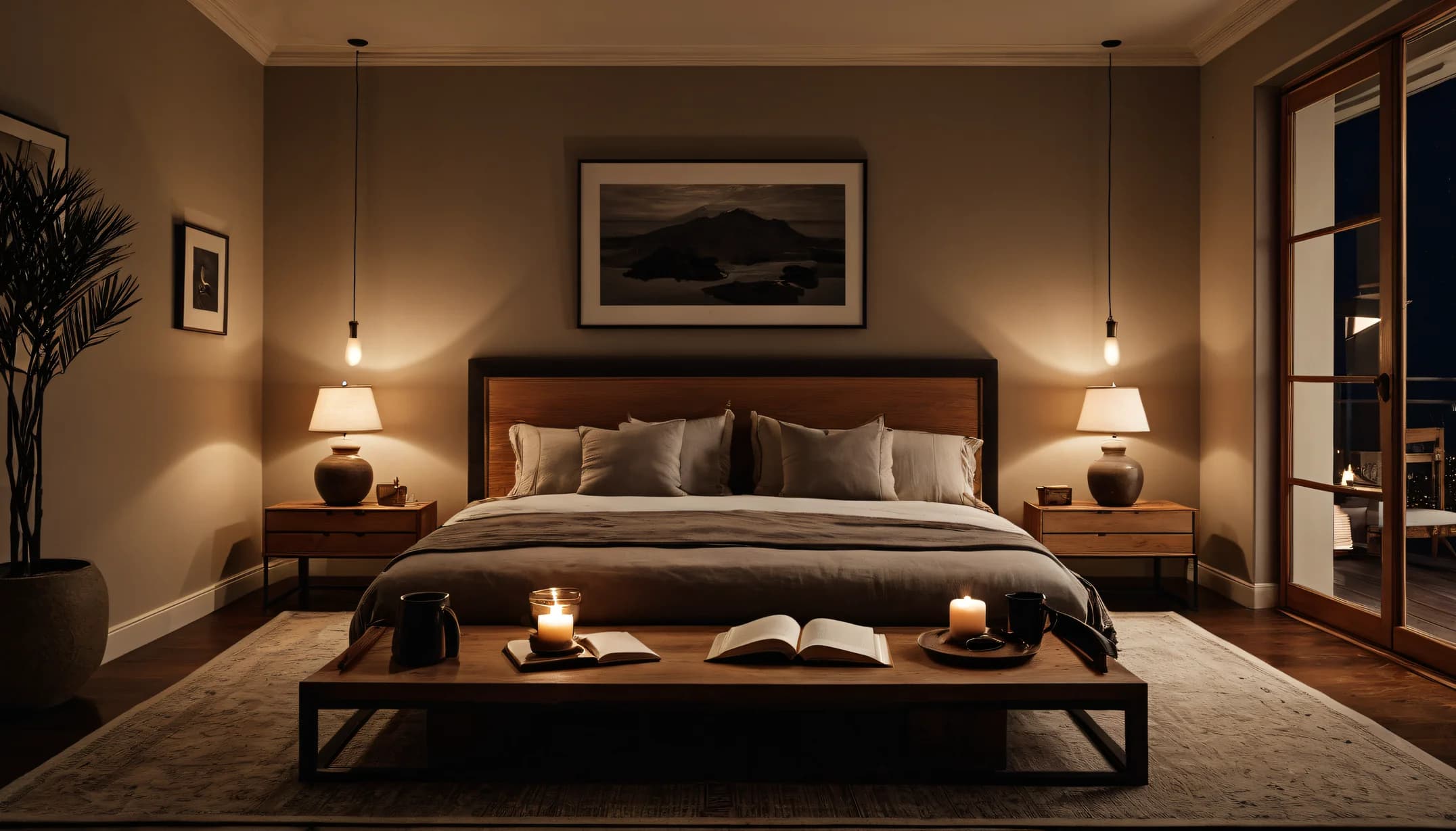 A calm Japandi bedroom with candles, a book and a low bench by a platform bed