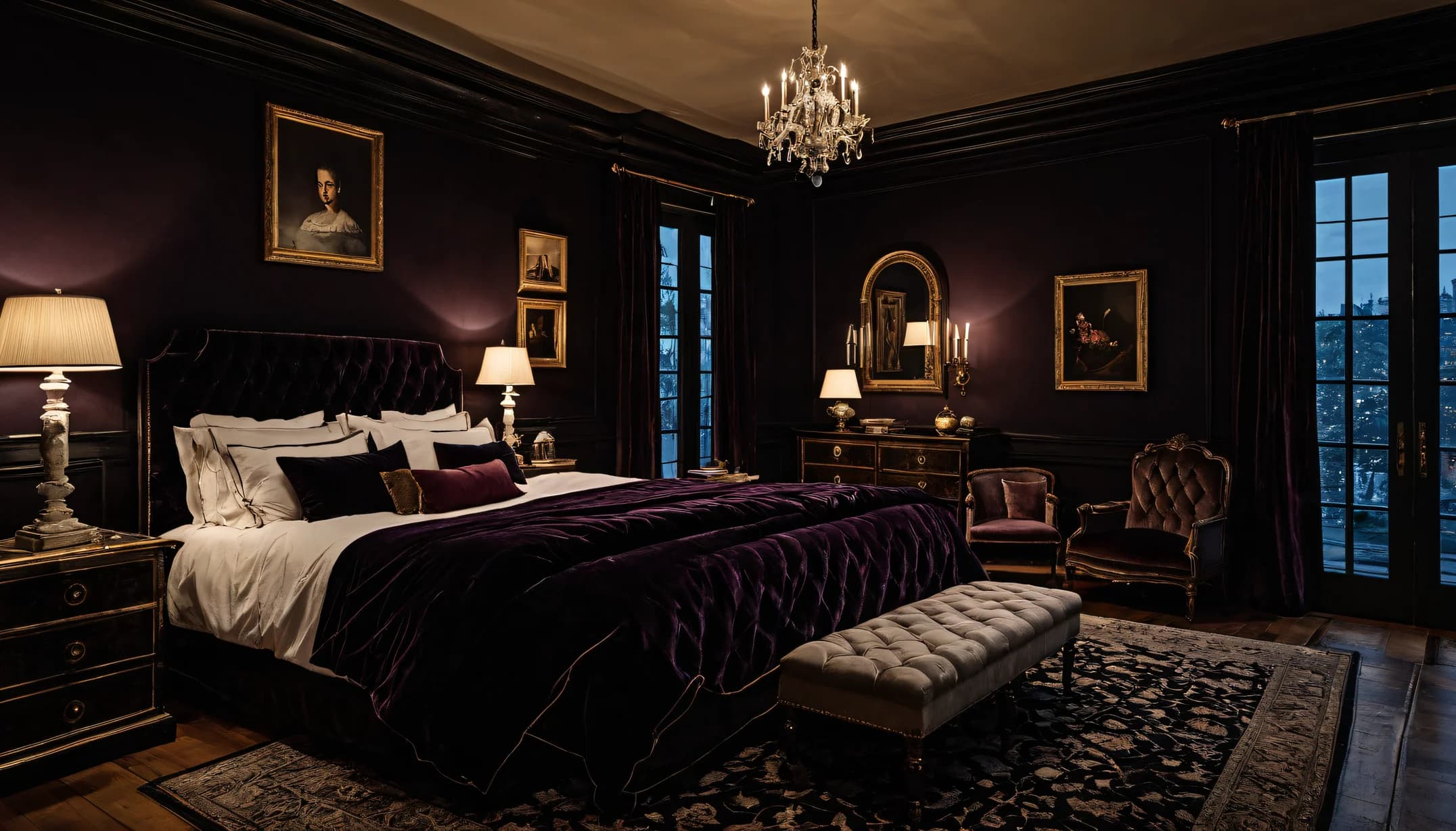 A Modern Noir bedroom with plum velvet and crystal