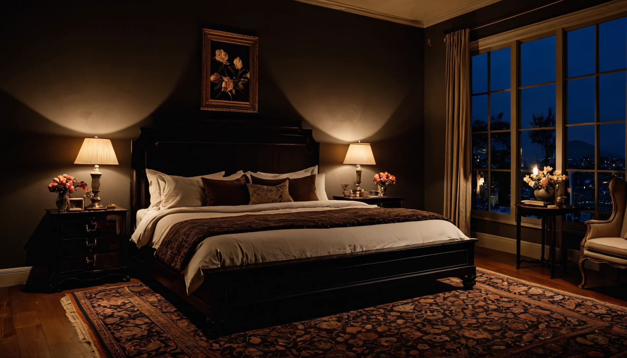 A study-style bedroom with old master paintings and a night window, lit by lamps