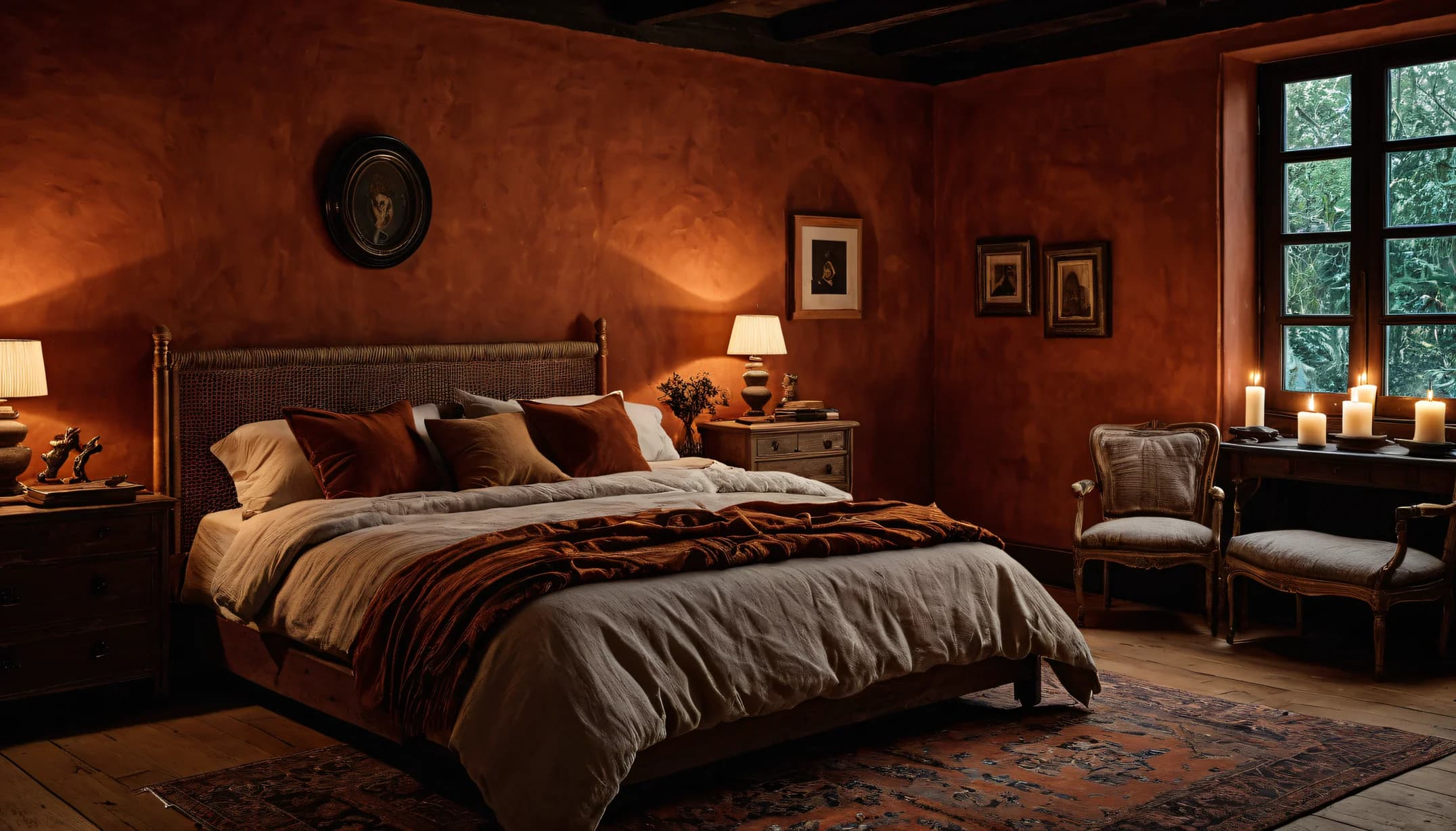 A warm organic bedroom with clay-colored walls and linen bedding in lamplight
