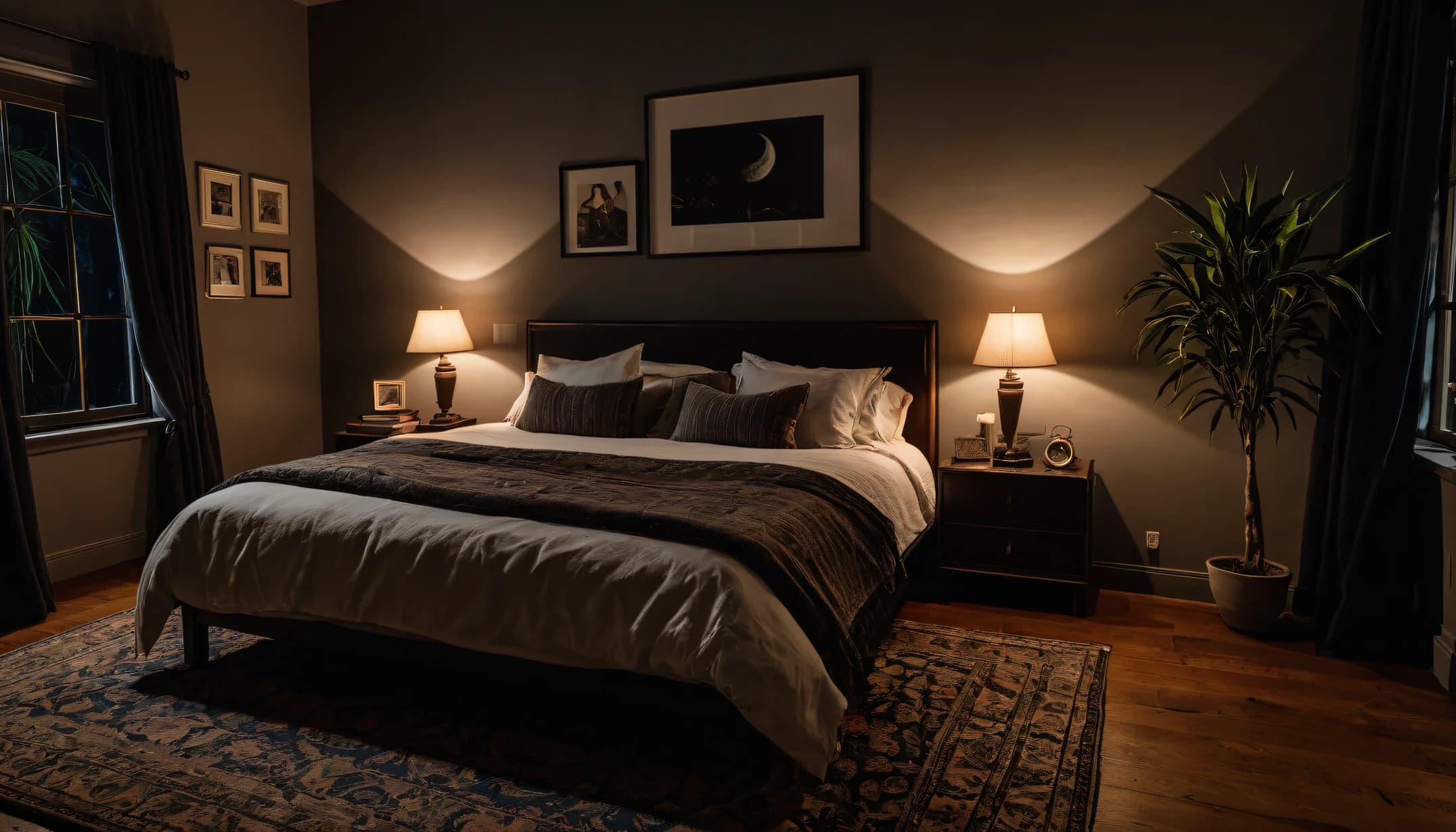 A Modern Noir bedroom from the Braise room library, charcoal walls & lamplight