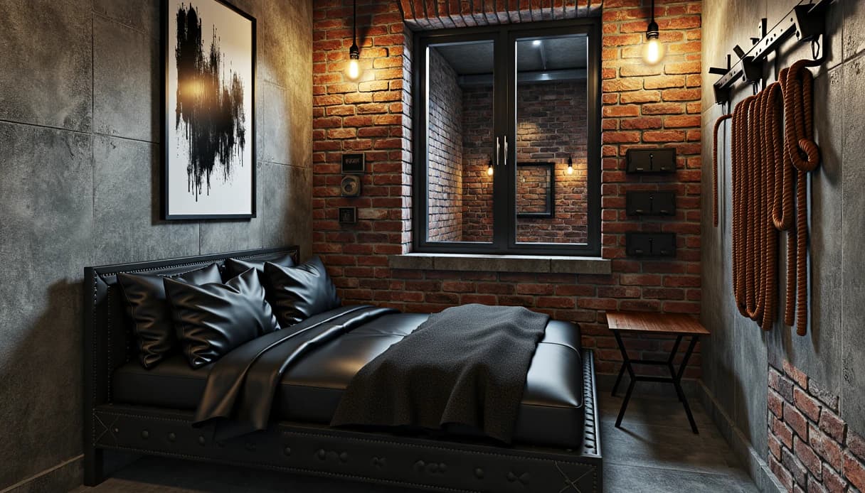 A narrow brick and concrete bedroom with a black leather bed, two bare bulbs and coiled rope hung on the wall
